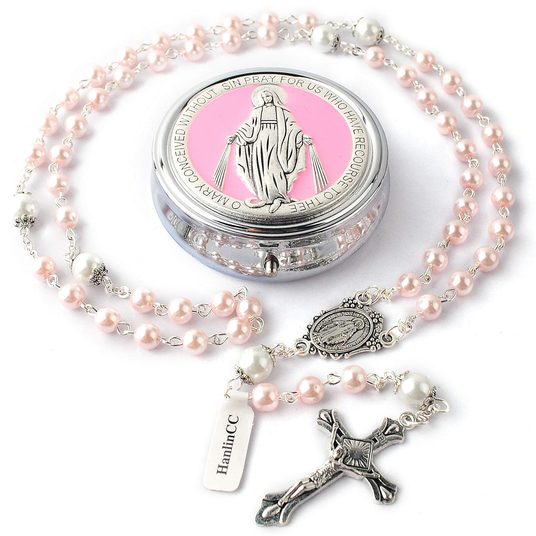 6mm Glass Pearl Beads with 8mm Our Father Beads with Caps Rosary Pack in Miraculous Metal Gift Box