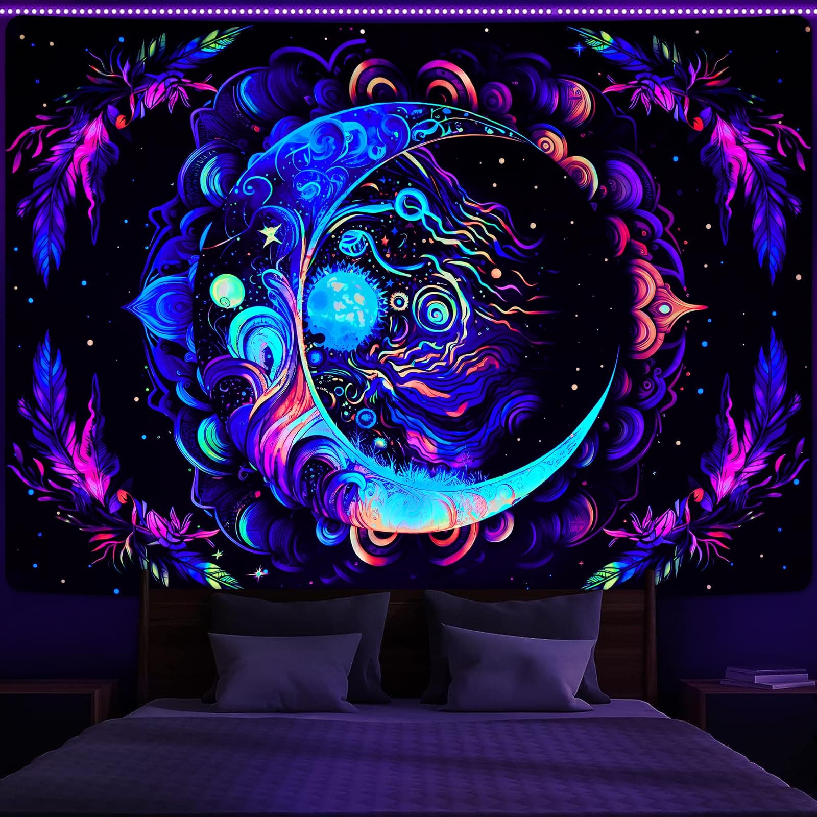 AtawLege Blacklight UV Reactive Moon Mandala Boho Tapestry Wall Hanging for Bedroom (59.1 x 82.7 inches)