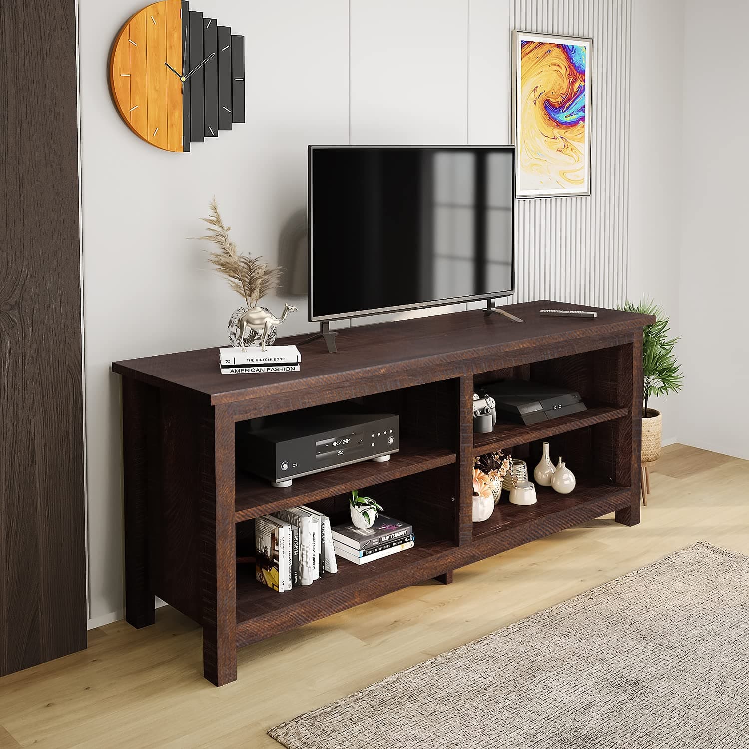 Hoomic 58" Modern TV Stand Console, Farmhouse Entertainment Center with 4 Open Storage Cabinets, Espresso
