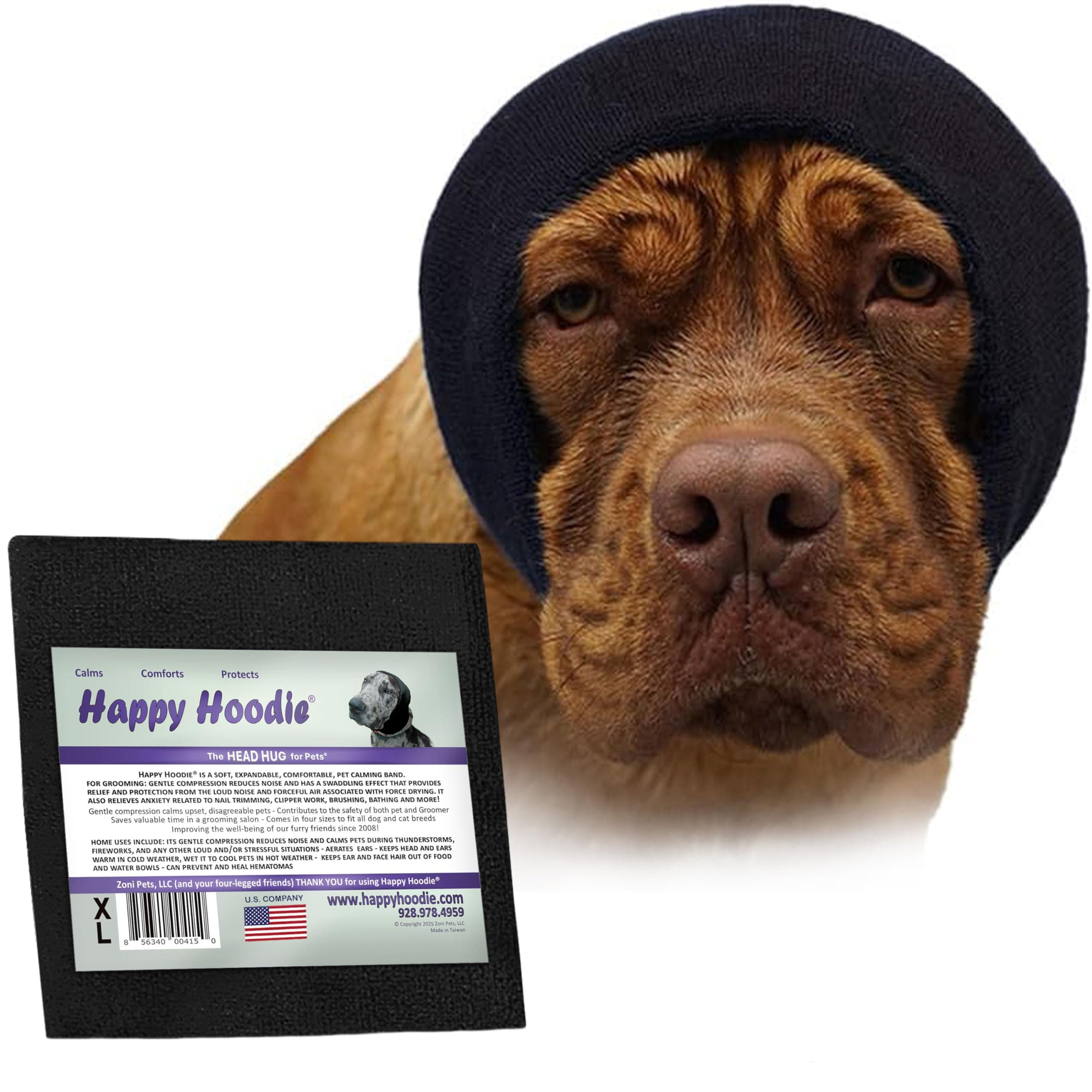 Happy Hoodie The Original Dog & Cat Calming Band - American Brand - Anxiety Relief/Noise Protection-Grooming-Thunder-Fireworks (X-Large, Black) - Since 2008