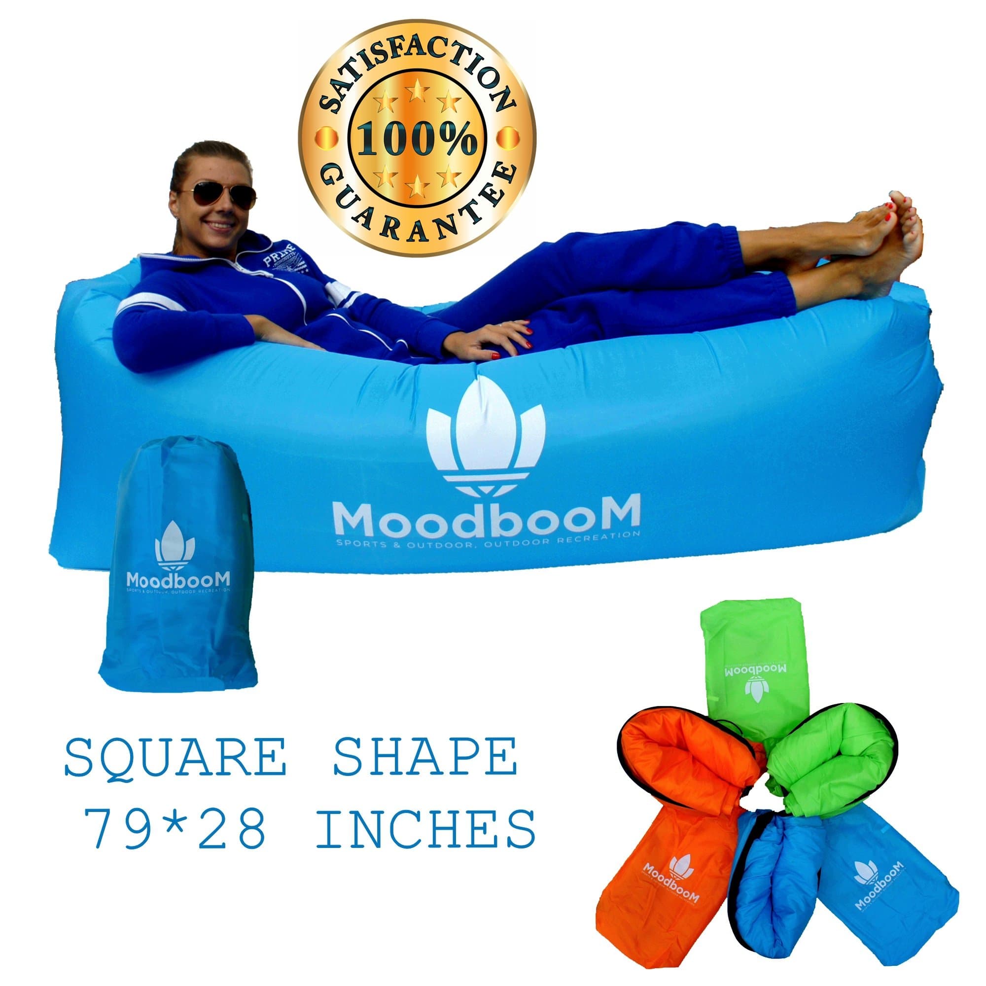 #1 BEST MoodbooM - Portable Inflatable Air Lazy Lounger Sofa Couch Hangout Bag - Waterproof Nylon Ripstop Fabric - Camping Beach Park Backyard BBQ Picnic Pool - 100% Satisfaction Guarantee! (Blue)