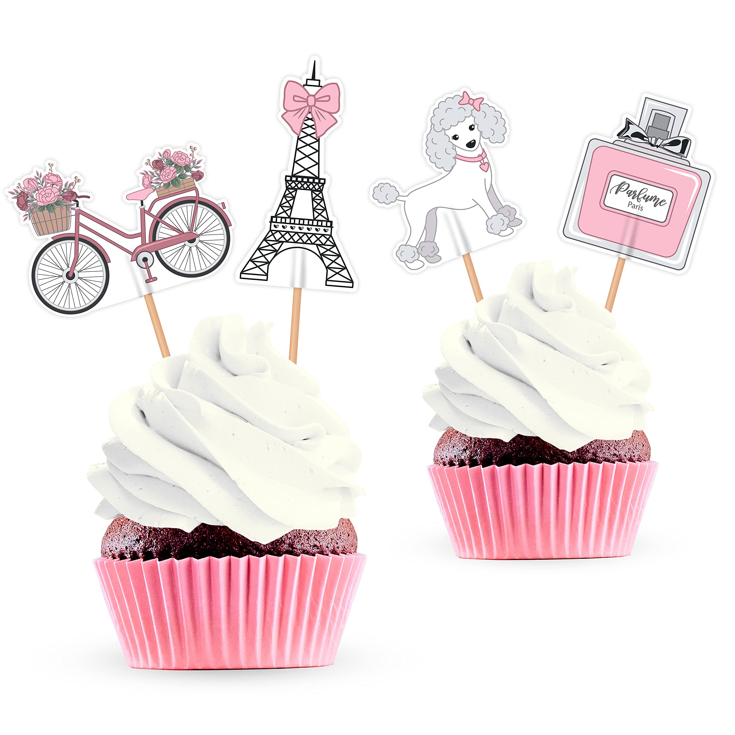 Paris Cupcake Cake Toppers - Eiffel Tower Paris Themed Baby Shower Birthday Party Decorations Supplies - 24 PCS