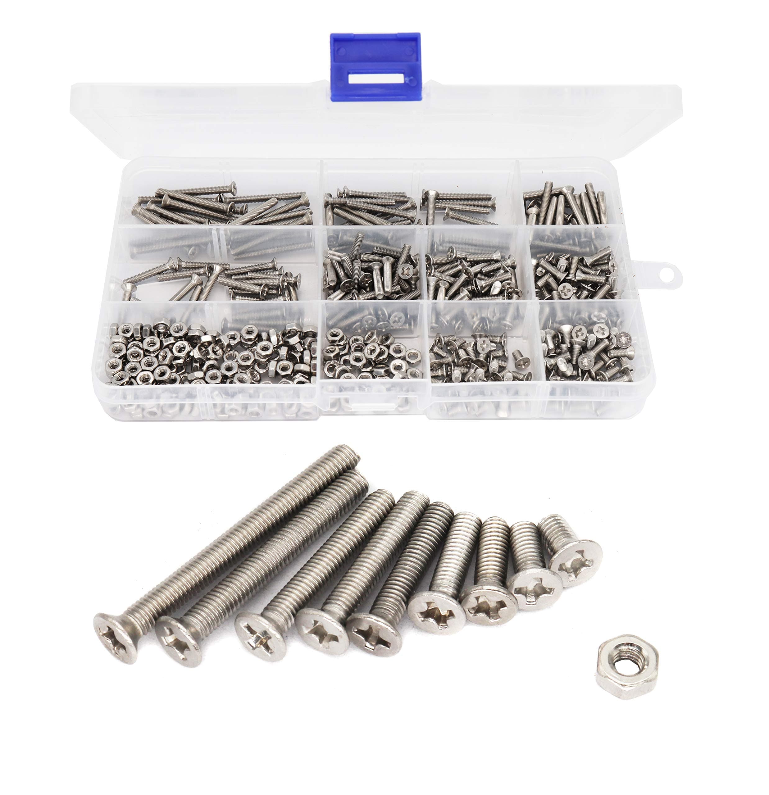500pcs M3 Phillips Countersunk Flat Head Machine Screws Hex Nuts Assortment Kit 304 Stainless Steel, M3 x 6mm / 8mm / 10mm / 12mm / 16mm / 18mm / 20mm / 25mm / 30mm