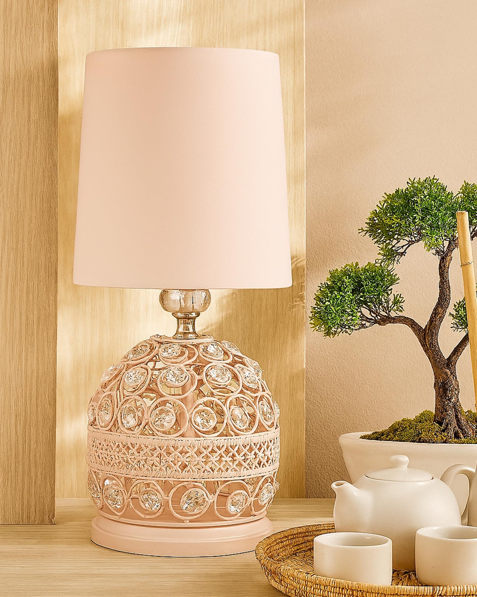 Homesake® Modern Small Crystal Table Lamp,Contemporary Bedroom Bedside Nightstand Lamp,Desk Globe for Living Room Girls Kids Room, Fabric Shade (Pink), LED