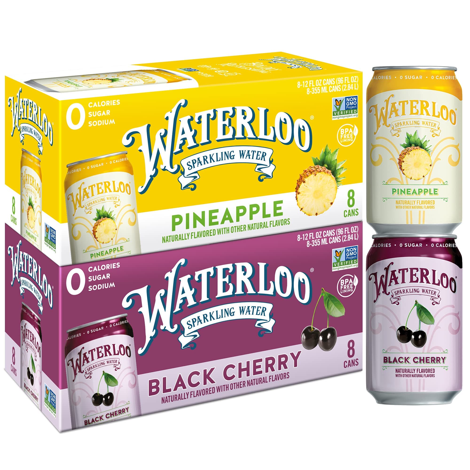 Waterloo Sparkling Water Two-Flavor Pack, 12 Fl Oz Cans, Pack of 16, 8 x Black Cherry, 8 x Pineapple | Zero Calories | Zero Sugar or Artificial Sweeteners | Zero Sodium