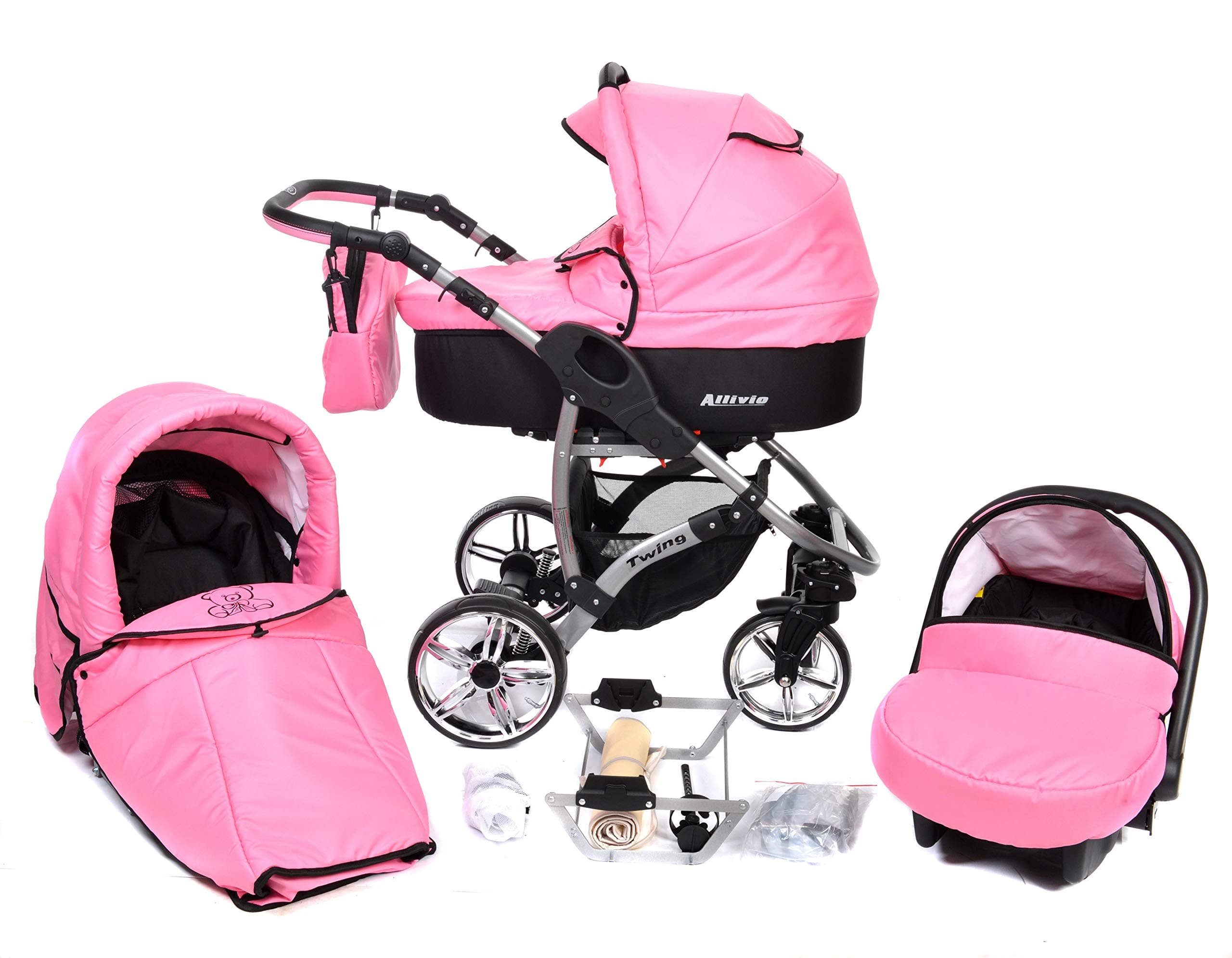 ALLIVIO, 3-in-1 Travel System with Baby Pram, Car Seat, Pushchair & Accessories (3in1 Travel System -Baby tub, Sport seat, Car seat, Black & Bright Pink)