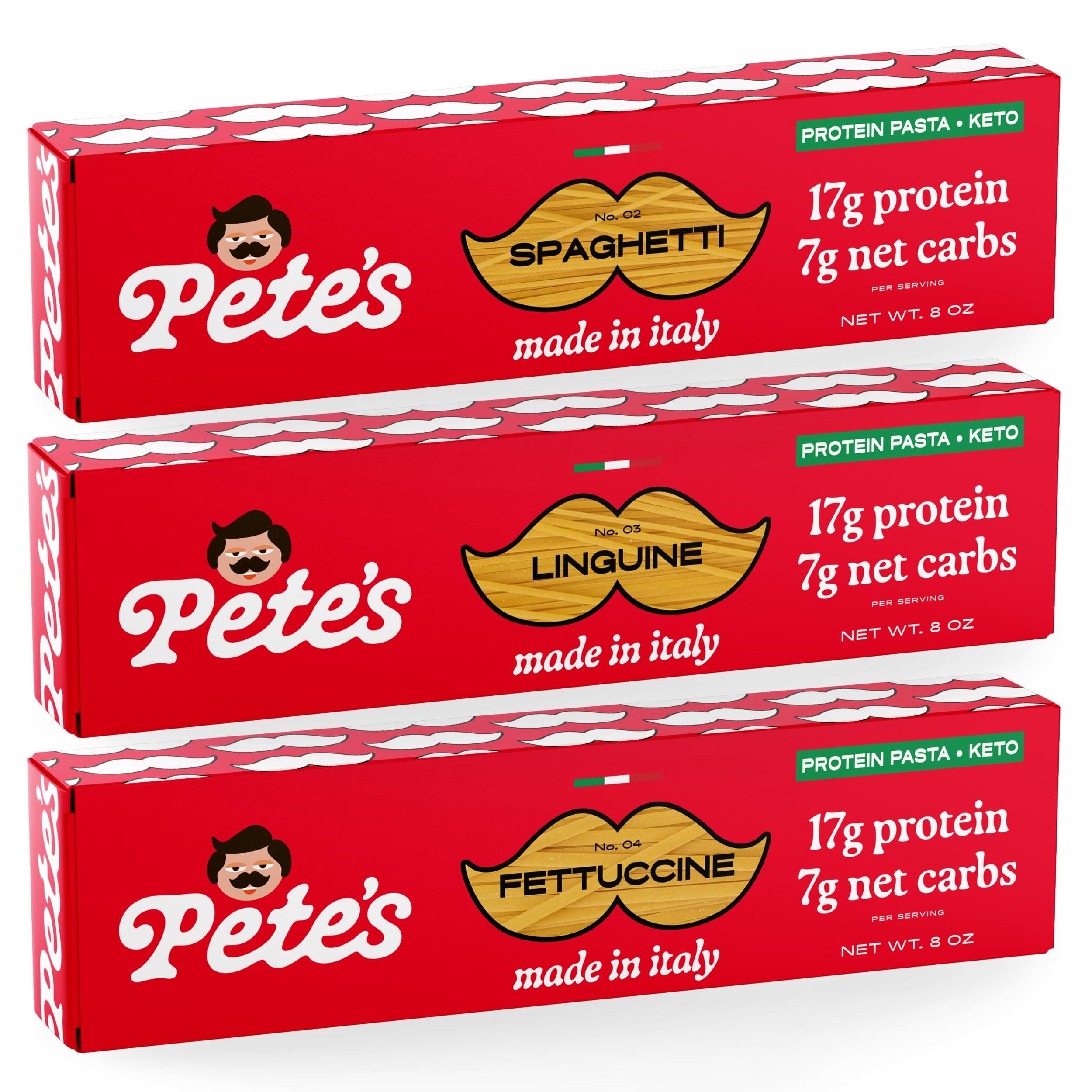Low Carb, Protein Pasta Variety | Spaghetti, Fettuccine, Linguine with 17g Protein, 7g Carbs | Healthy, Keto Pasta Made in Italy | 3-Pack, 8oz - Pete’s Pasta