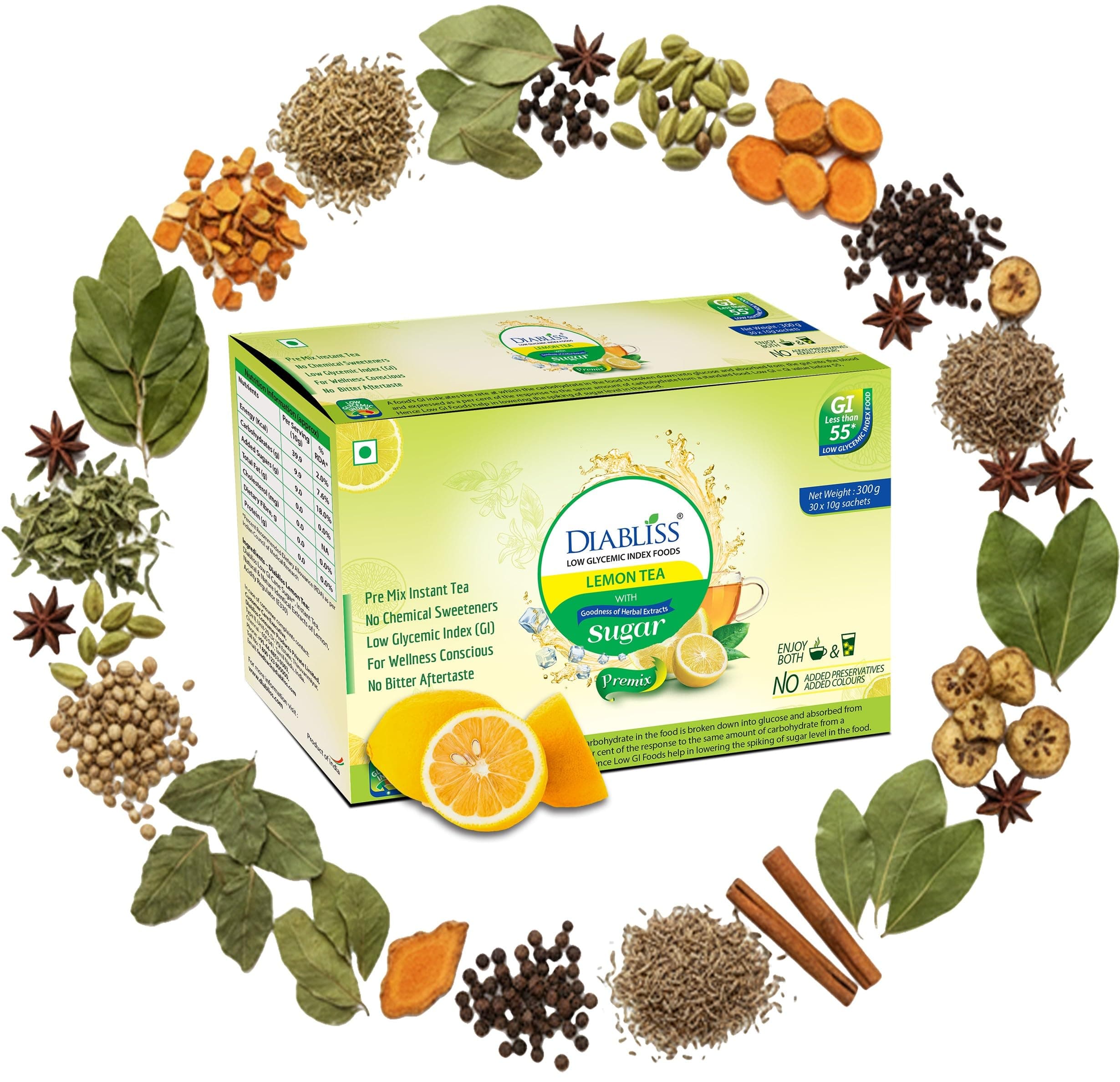 Diabliss Herbal Diabetic Friendly Herbal Lemon Green Teabags- Low Gi-30 X 10 Grams Sachet Box