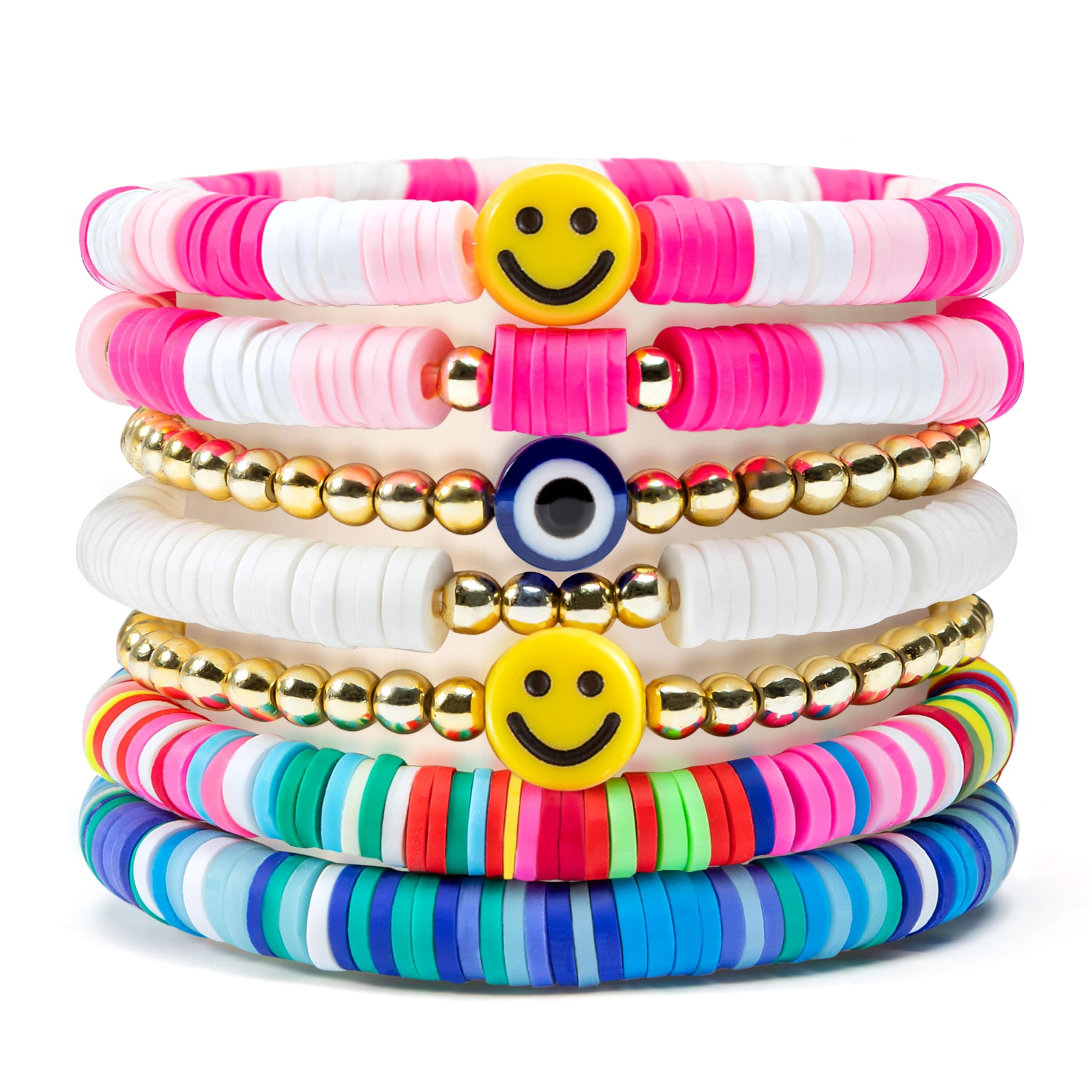 7Pcs Heishi Surfer Bracelets Set Colorful Preppy Smile Evil Eye Beaded Stretch Bracelets Clay Stackable Boho Disc Y2K Aesthetic Summer Beach Bracelets