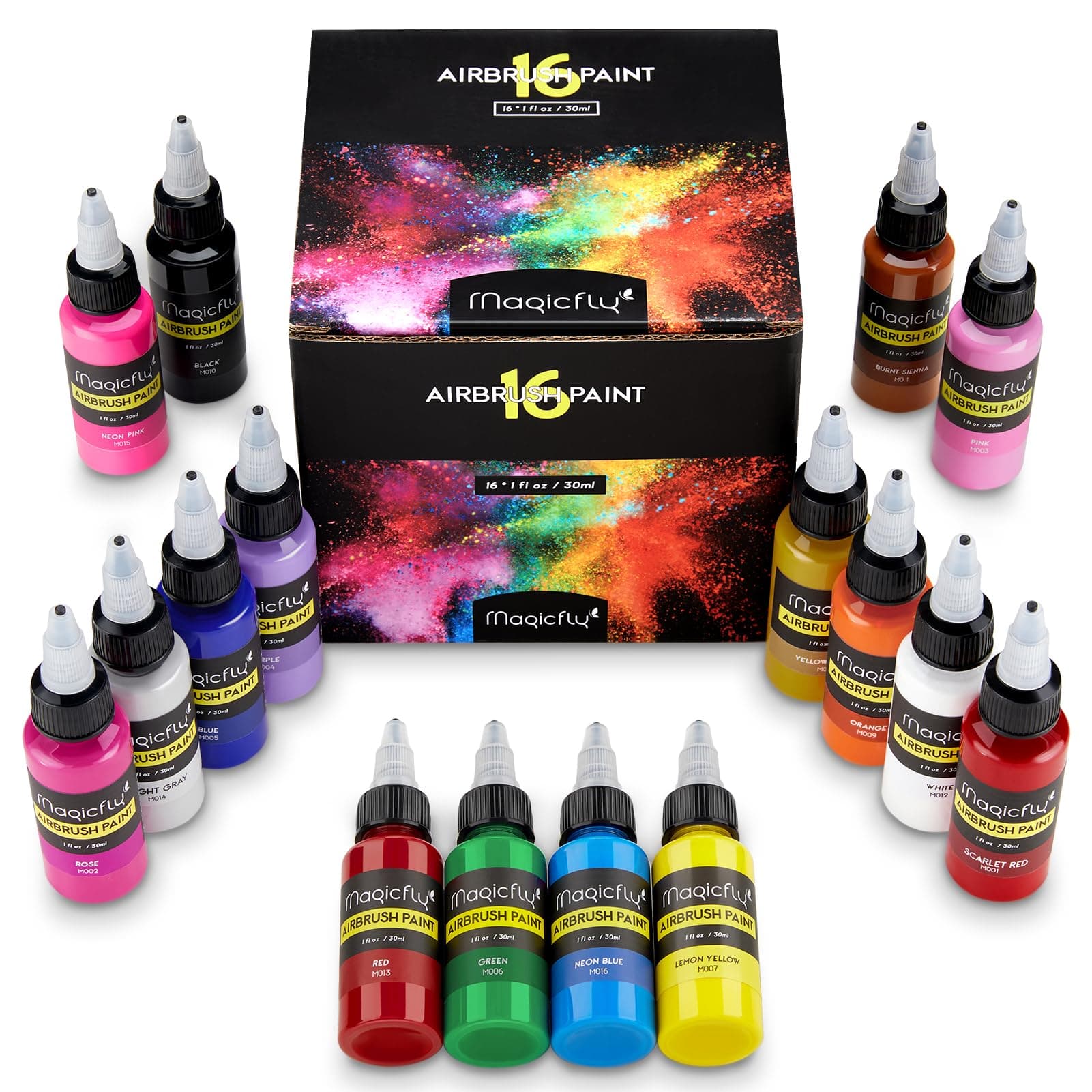 Magicfly Acrylic Airbrush Paint 16 Colours/30ml, Ready to Spray for Air Brush, DIY Projects, Crafts, Beginners, Artists