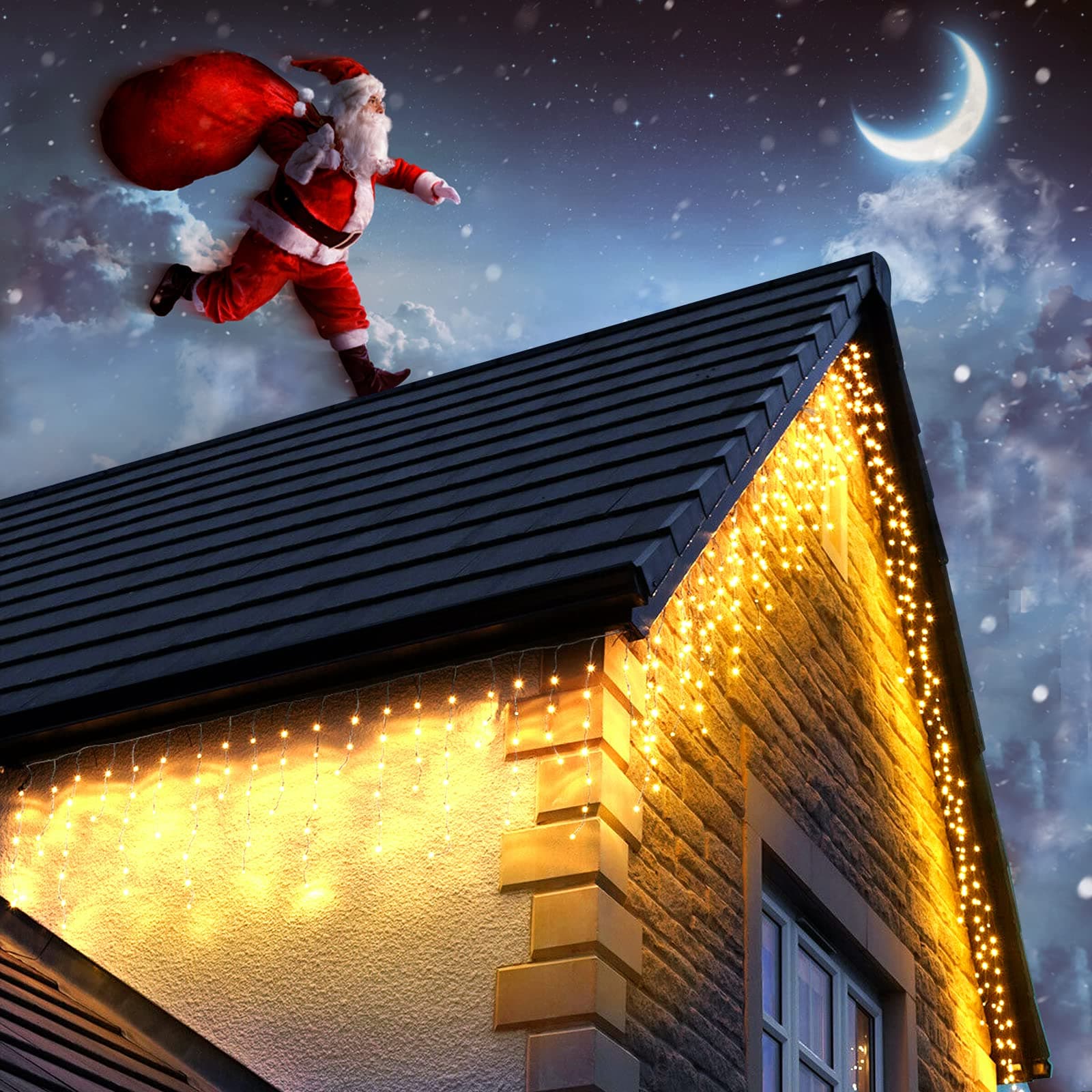 Dalugo Icicle Outdoor Christmas Lights, 15M 480 LED Warm White Fairy Lights Plug in with Memory Function, 6 Hours Timer, Waterproof Icicle Christmas Lights for Roof, Window, Balcony (Clear Cable)