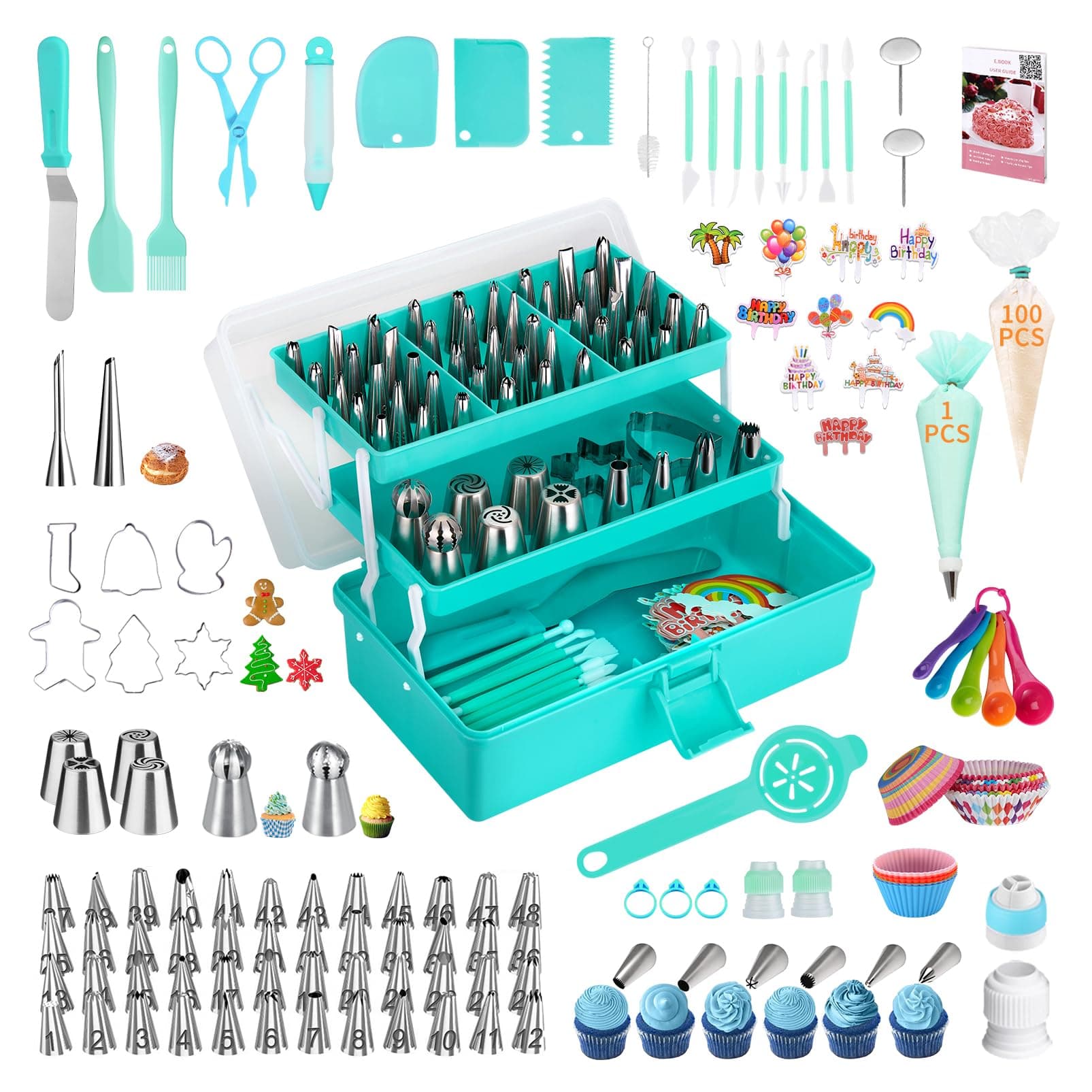 Cake Decorating Supplies Tools Kit: 358 pcs Baking Accessories with Storage Case - Piping Bags and Icing Tips Set - Puffs Christmas Cookie Cutters Cupcake Set for Beginners or Professional, Mint Green