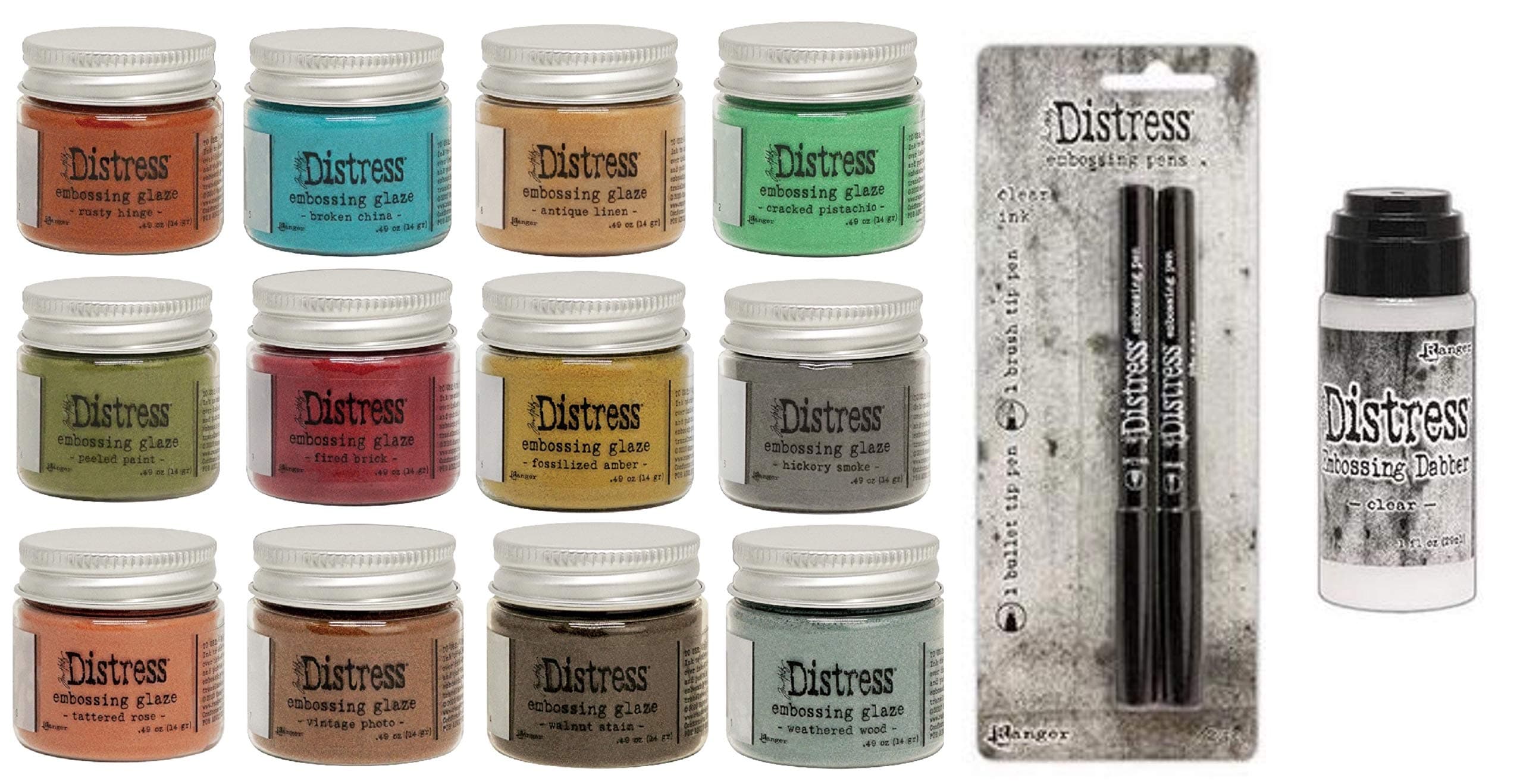Tim Holtz Ranger Embossing Glazes Bundle of 12 Colors in 1 oz Jars, 2 Distress Embossing Pens, 1 Ounce Distress Embossing Dauber, Bundle of 14 Items