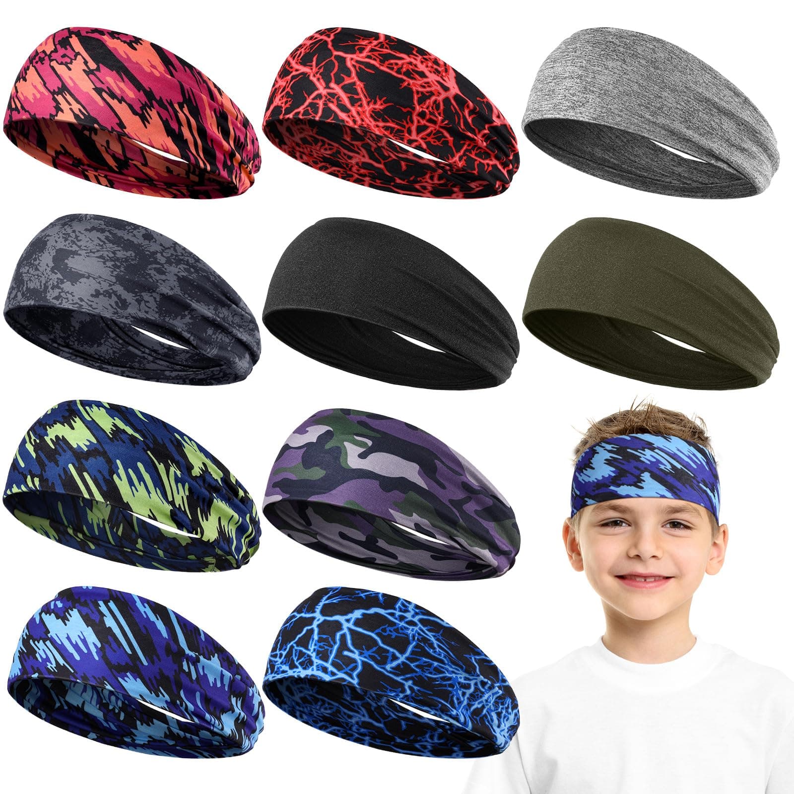 10 PCS Sweatbands for Kids Soccer Headbands Boys Sports Kids Sweatbands Breathable Sweat Wicking Headband for Youth Basketball, Football, Baseball, Running