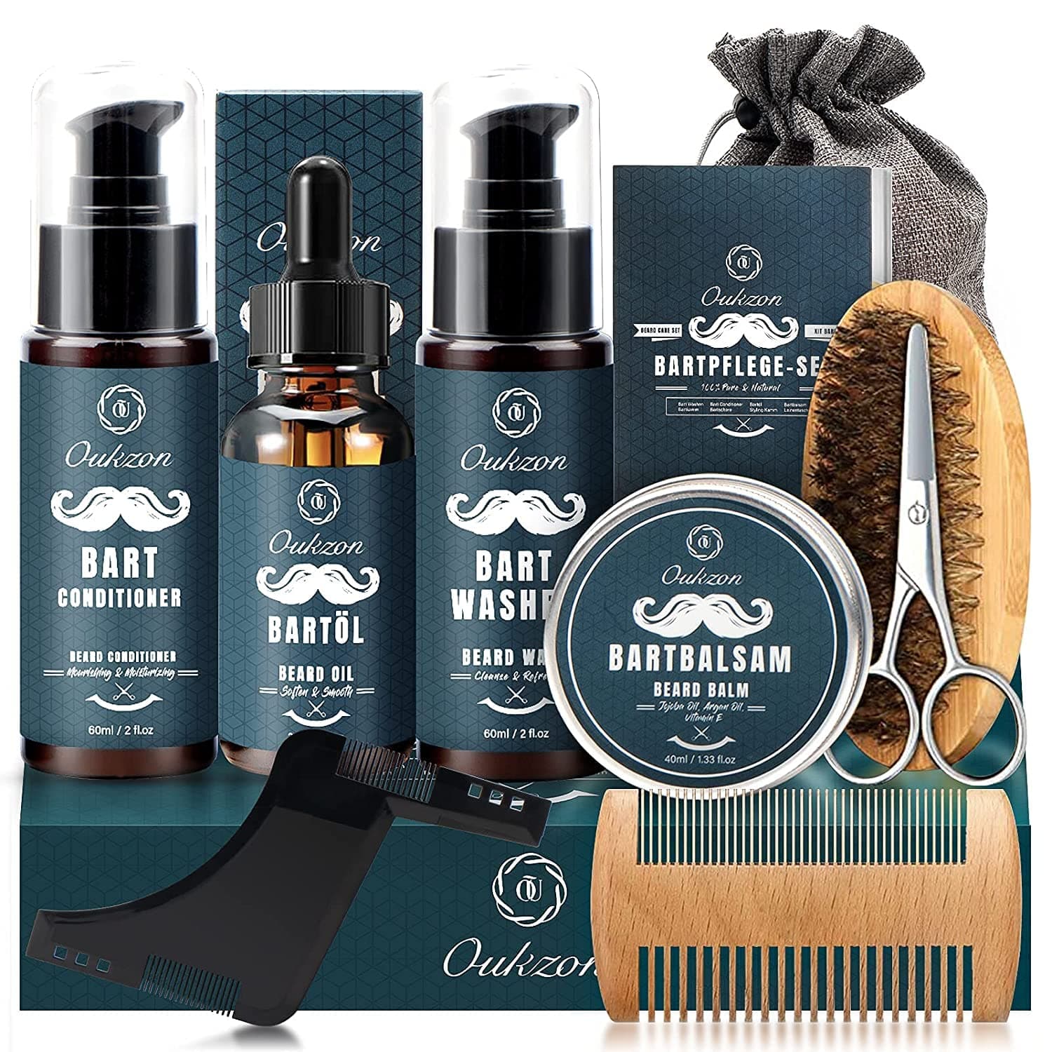 Beard Grooming Kit for Men, 10 in 1 Beard Trimming Gift Set with Beard Shampoo, Beard Conditioner, Beard Oil, Balm, Beard Comb,Brush, Scissors, Beard Shaper and Storage Bag -Mens Beard Growth Care Set