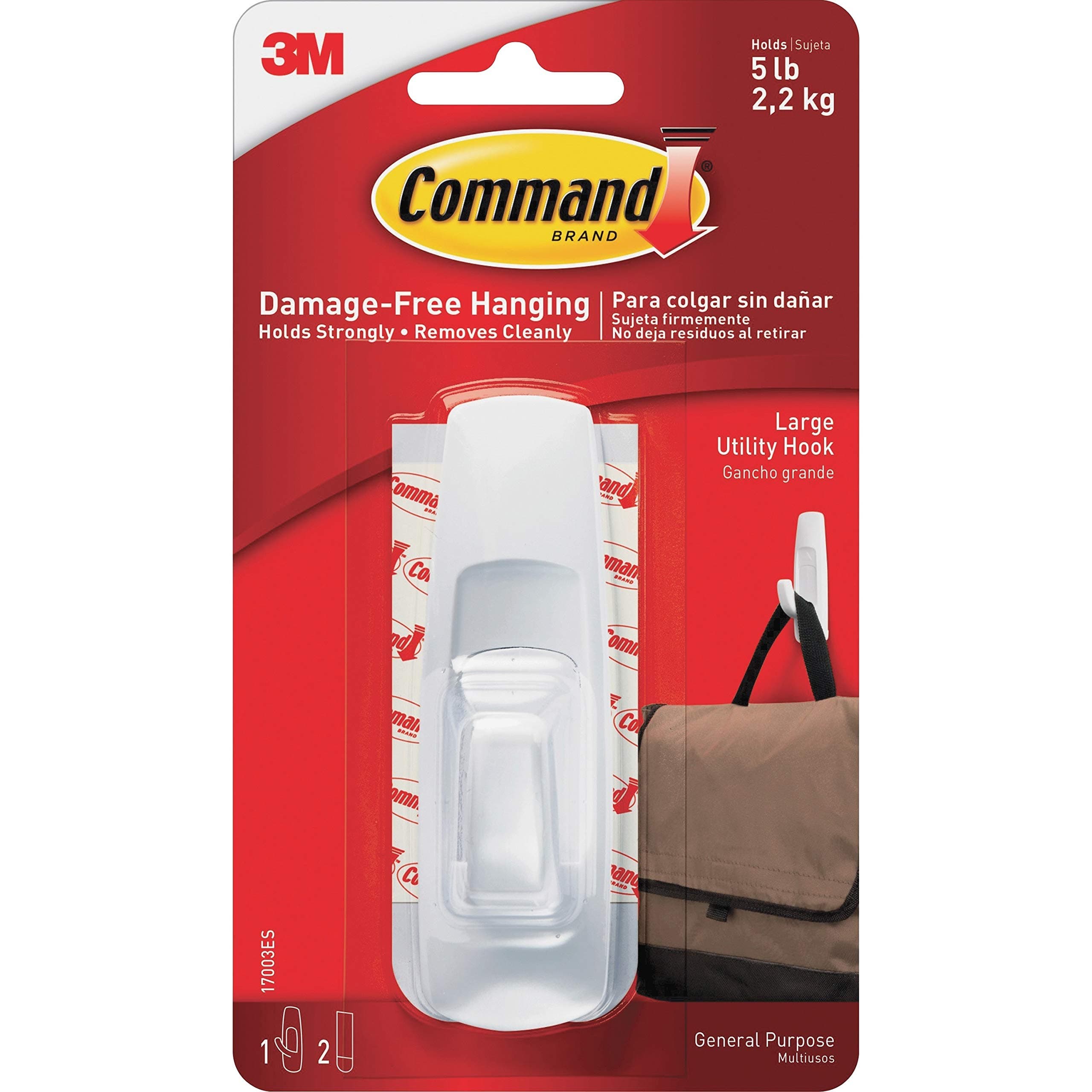 CommandStore,Plastic Utility Hook, Large, 5-Pound Capacity, 4-Hooks, White (3M - 17003ES - 4/Pack)