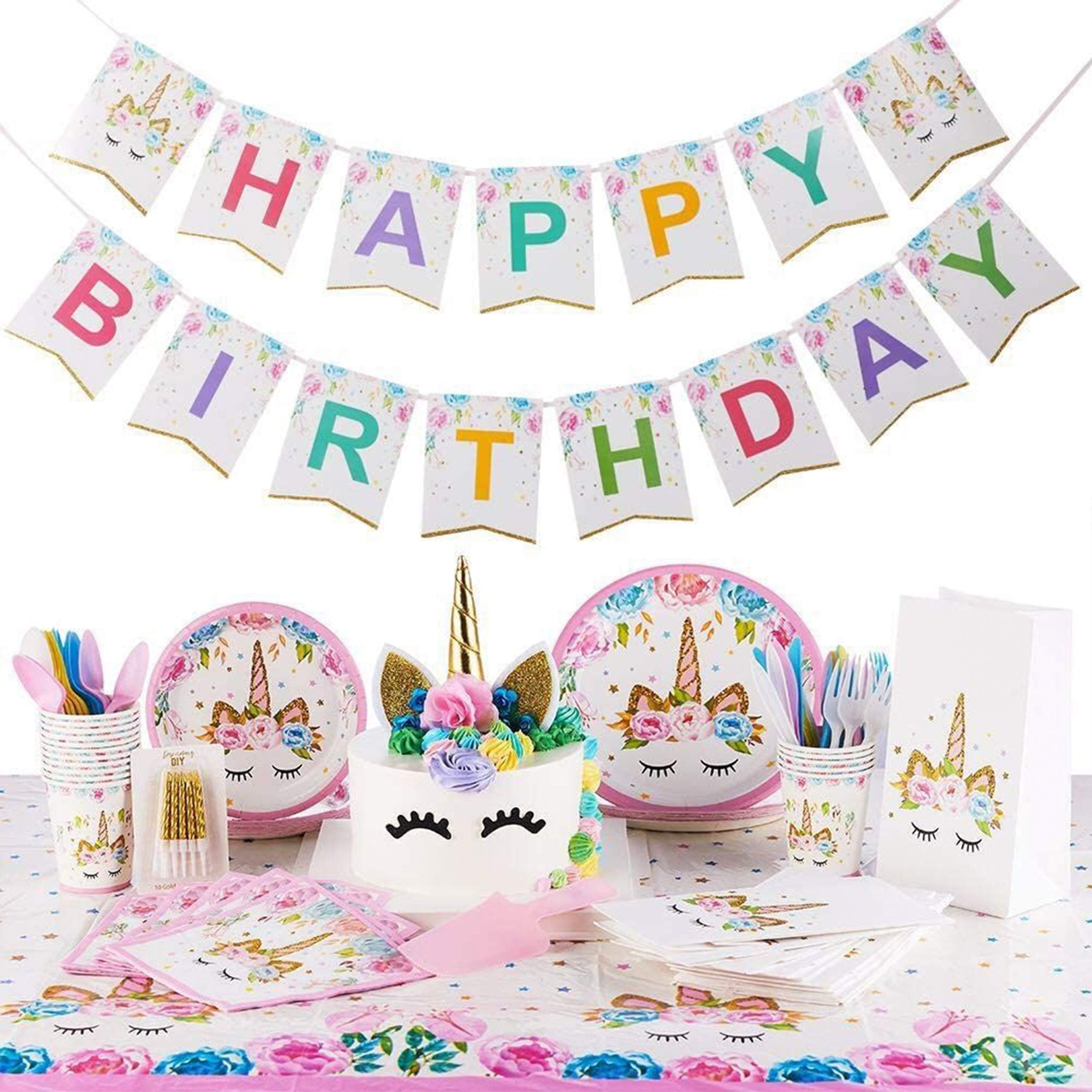 Unicorn Birthday Decorations for Girls - Party Supplies Kit for 16 Guests w/Plates, Cups, Goody Bags, Utensils, Napkins, Cake Cutter & Topper, Candles, Table Cloth and Banner