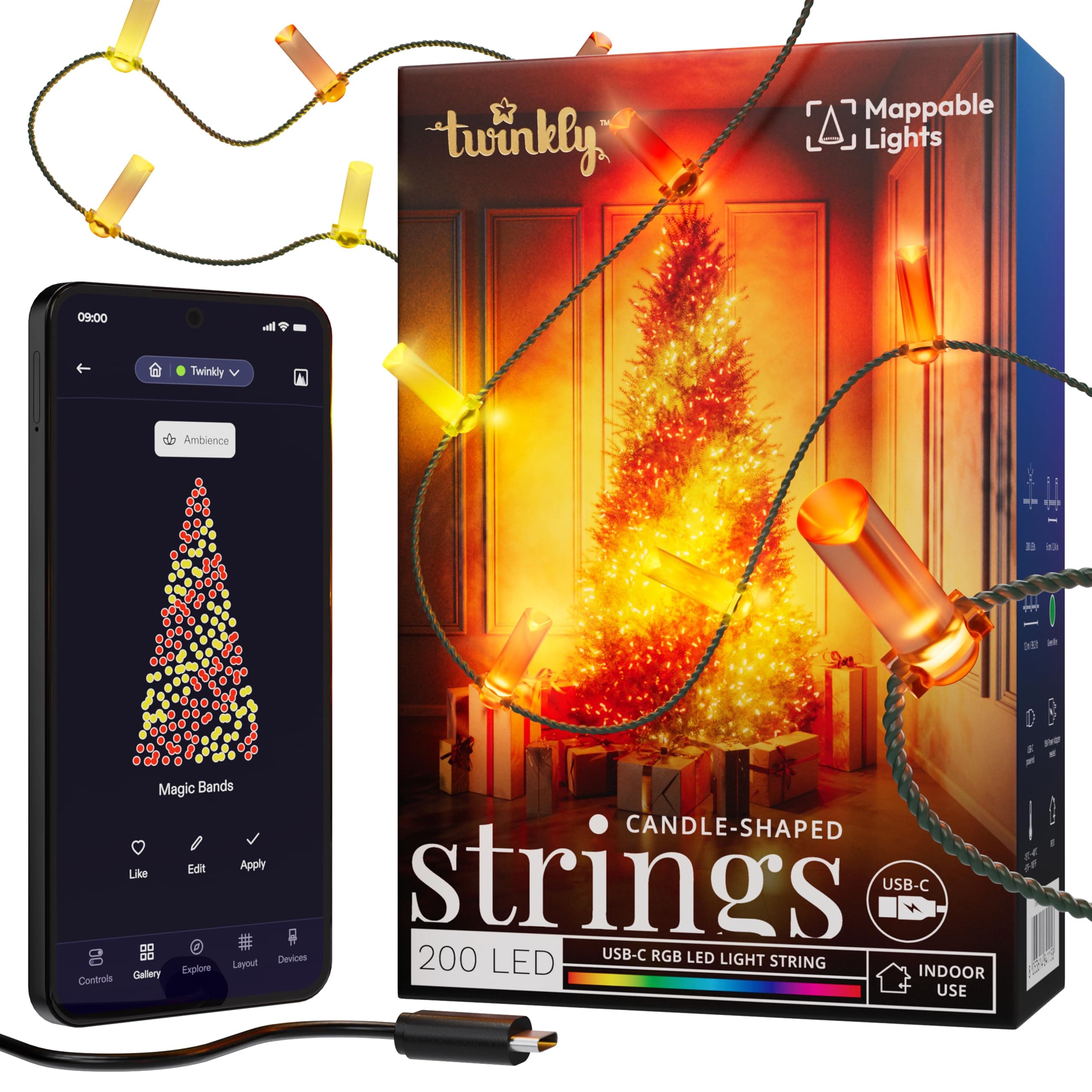 Twinkly Strings USB-C Candle 200 LED, Candle Shaped LED String Lights, Multicolor RGB LED Light Wire, Compatible with Alexa, Google Home, Christmas Lights, USB C Power, Green Wire, 12m