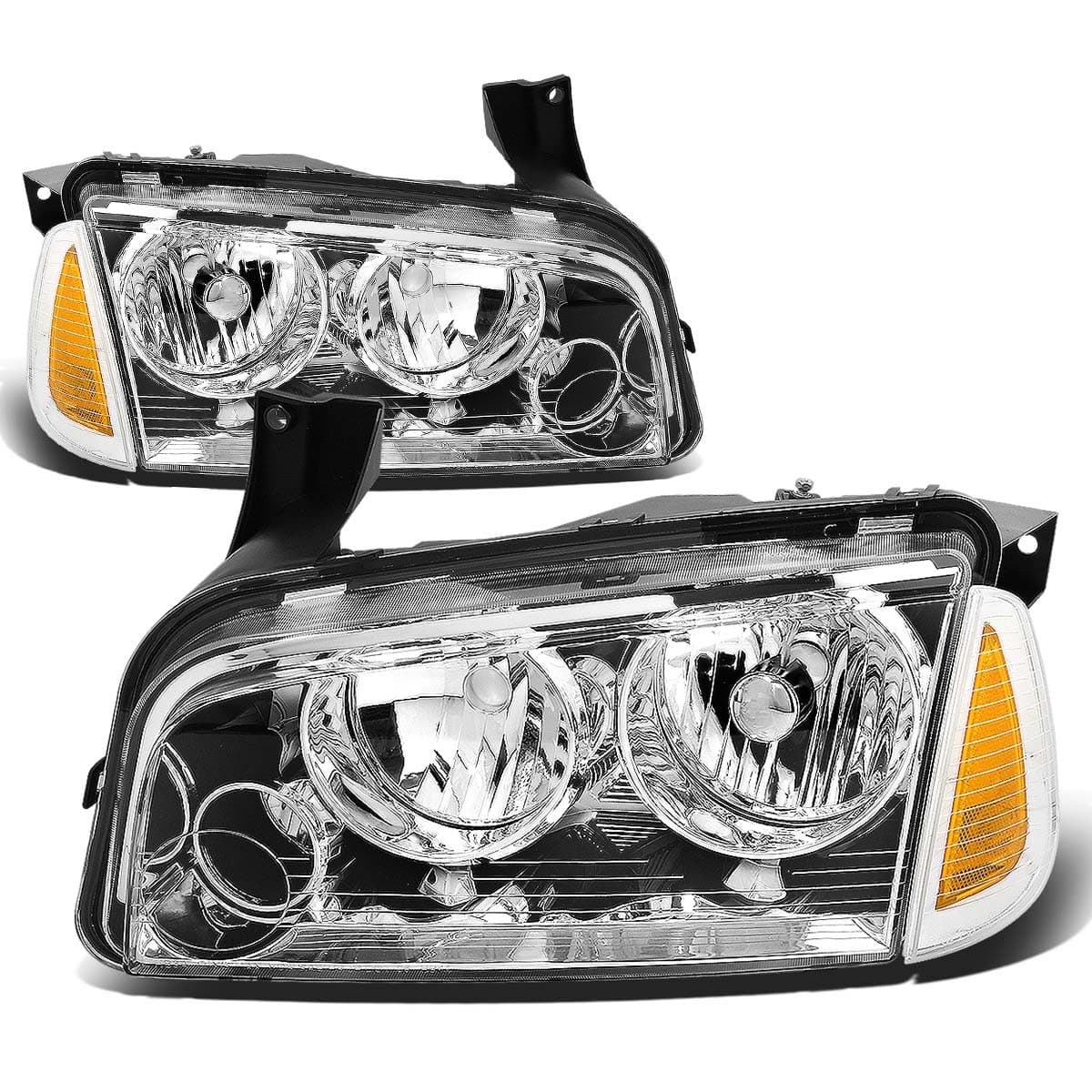 DNA MOTORING HL-OH-CHA05-4P-CH-AM Chrome Amber Headlights Replacement For 06-10 Charger