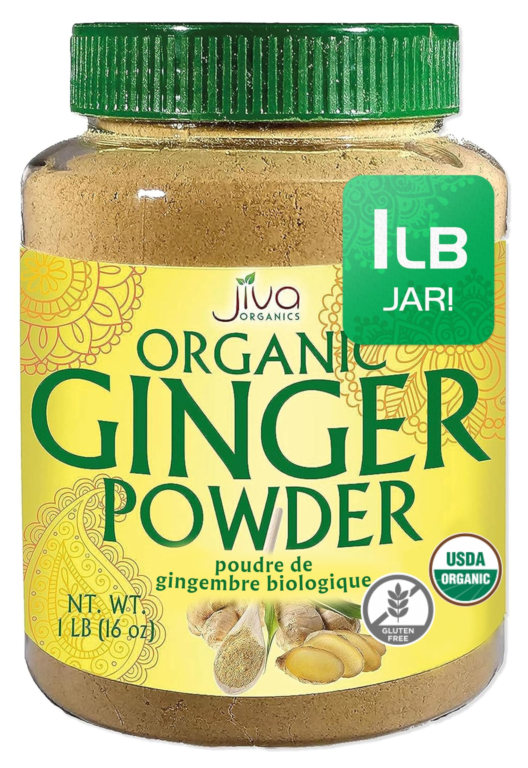 Organic Ginger Root Powder 1 LB Jar - Gluten Free, Non-GMO - for Cooking, Baking, Tea & More - Bulk Ginger Ground Dry