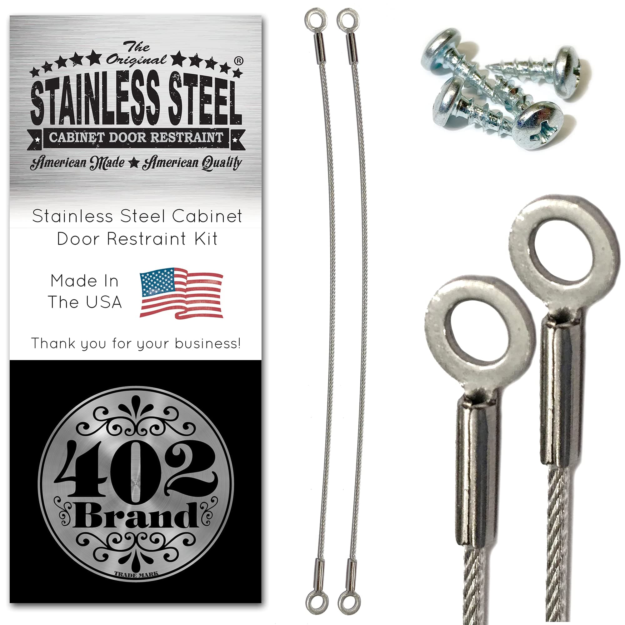 Stainless Steel Cabinet Door Restraint Kit. Made in USA. Flexible Braided Cable. Cupboard Hinge Limiter. Restrict Cabinet Door Swing. Limit Door Opening Angle.