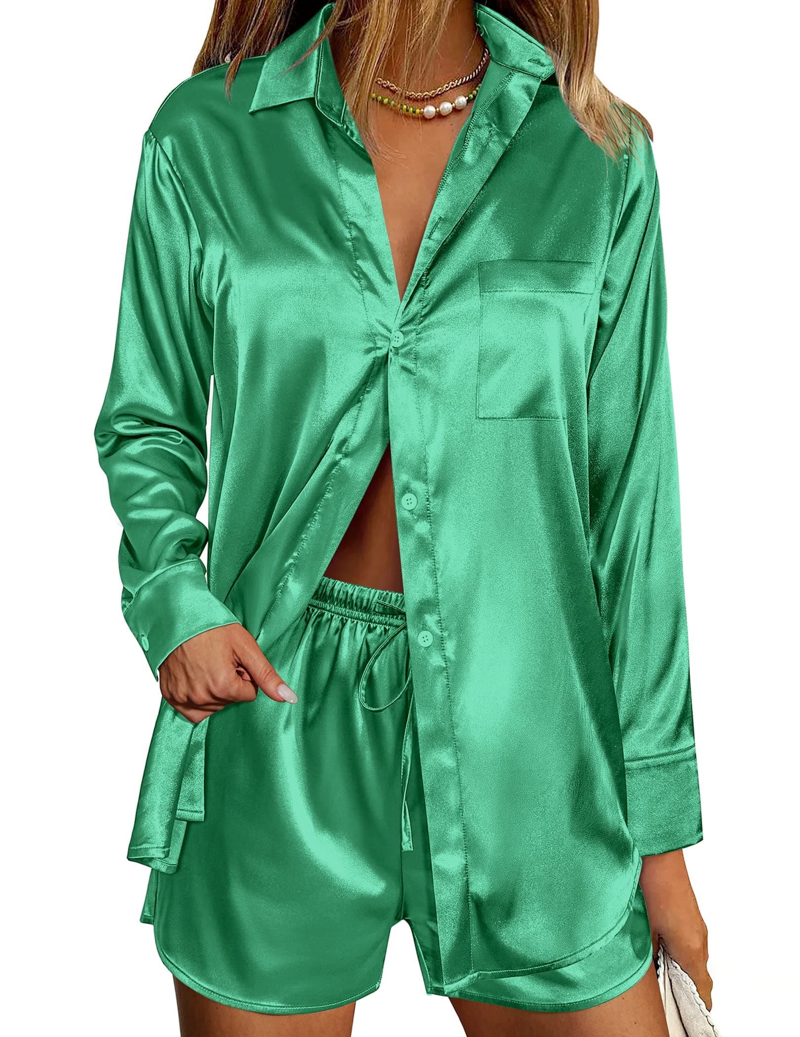 EkouaerWomens 2 Piece Satin Outfits Long Sleeve Matching Sets Botton Down Shirt and Bottom Set Casual Tracksuit Sweatsuits