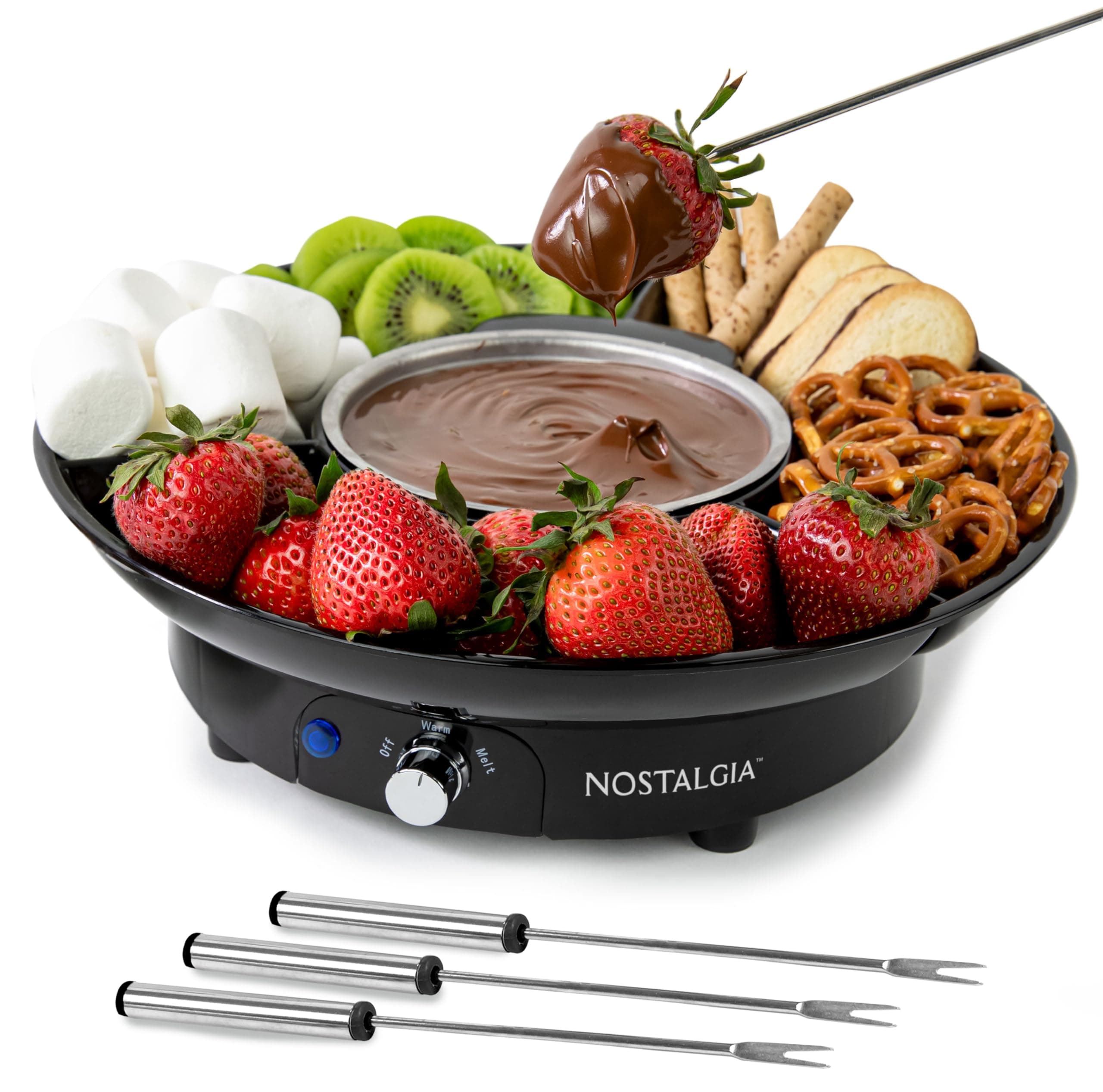 Nostalgia Electric Fondue Party Set – 10 oz Melting Pot, 4 Roasting Forks, & Detachable Serving Tray – Melted Cheese, Chocolate, or Dessert – Perfect for Gifts, Parties, Date Night – Black