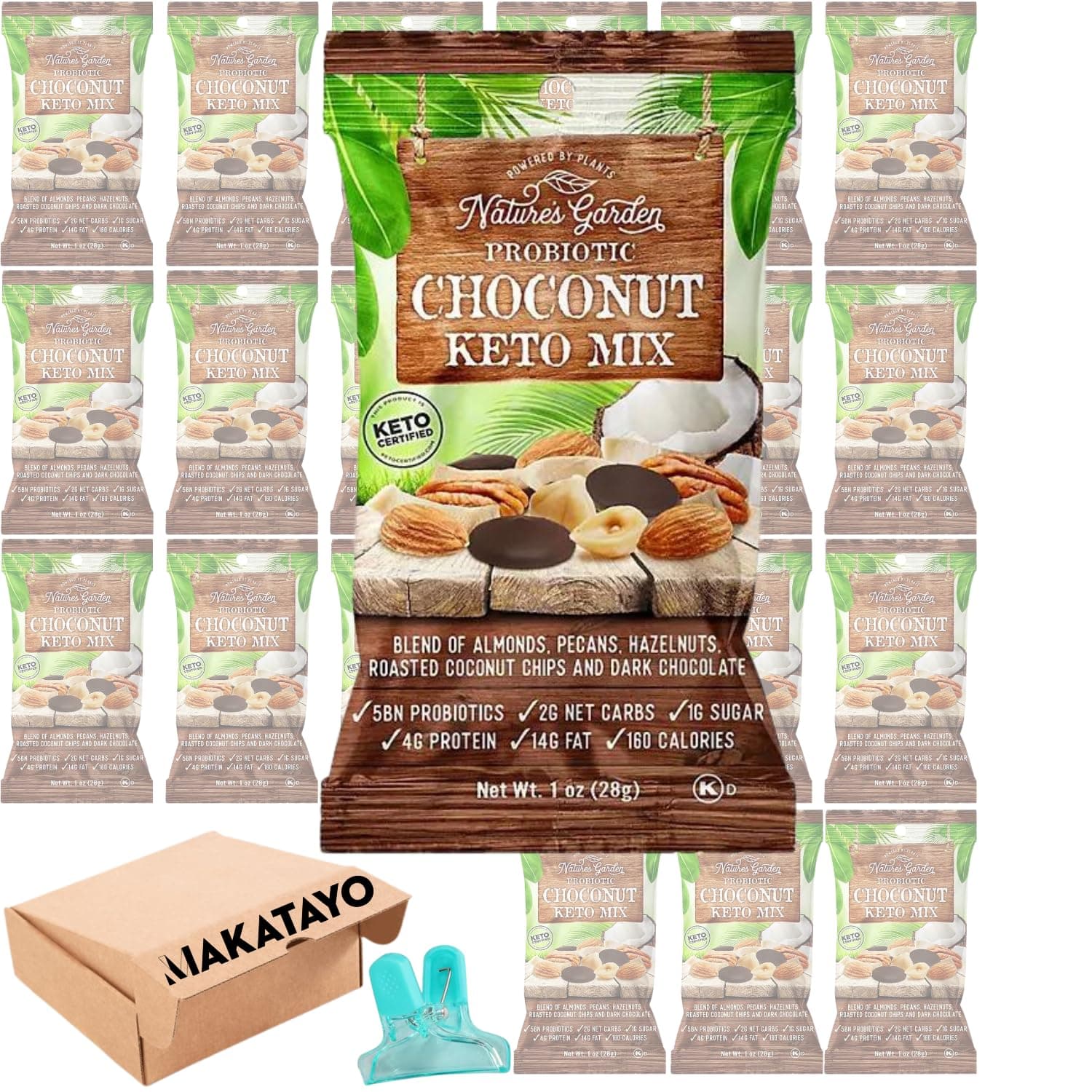 Nature's Garden Probiotic Choconut KETO Trail Mix 20 Pack. 1 oz Individually Packed Snack. Conveniently packed by MAKATAYO. Natures Garden trail mix.