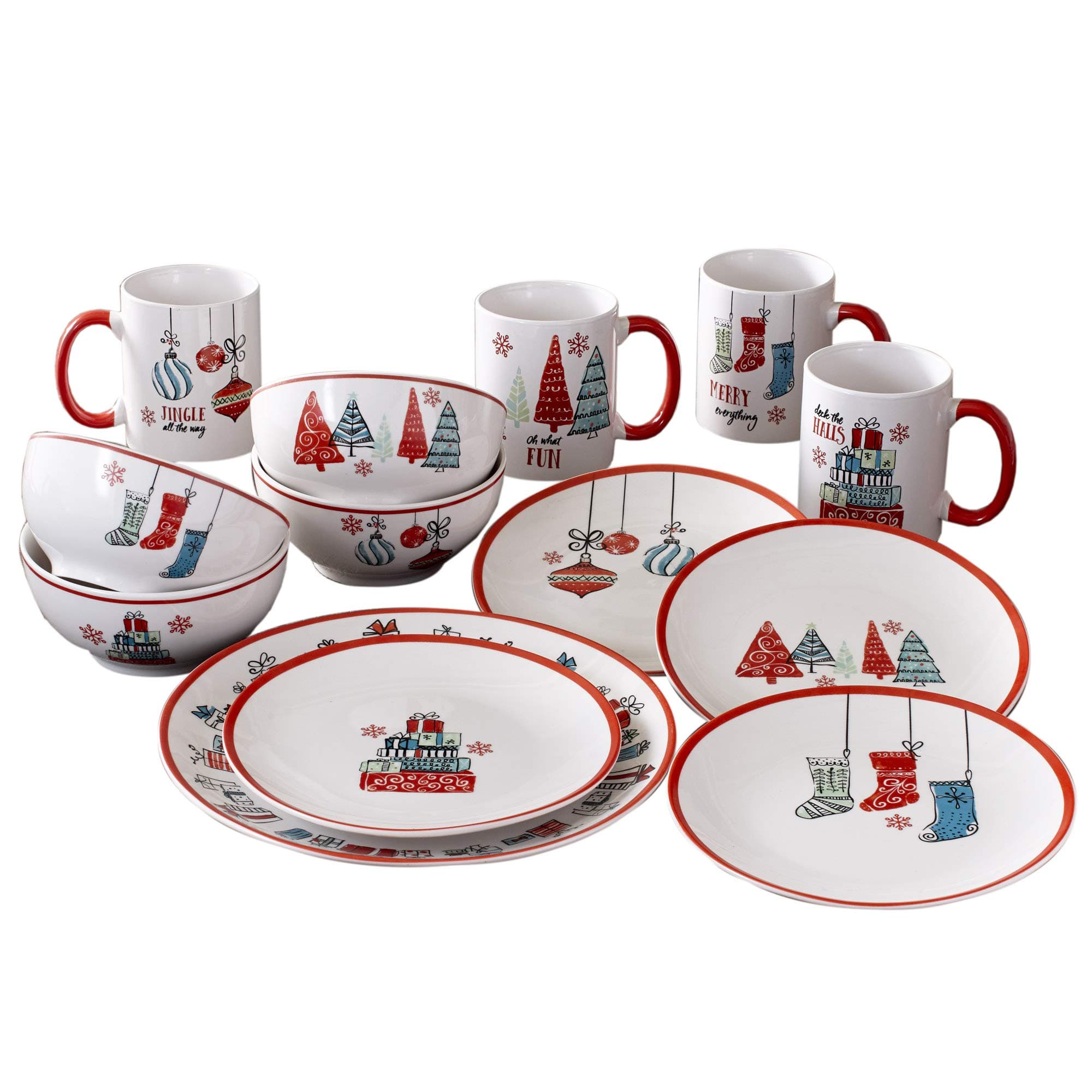 7163-16-RB Holiday Christmas Round Dinnerware Set – 16-Piece Stoneware Party Collection w/ 4 Dinner Salad Plates, 4 Bowls & 4 Mugs – Unique Gift Idea, 10.5", White/Red