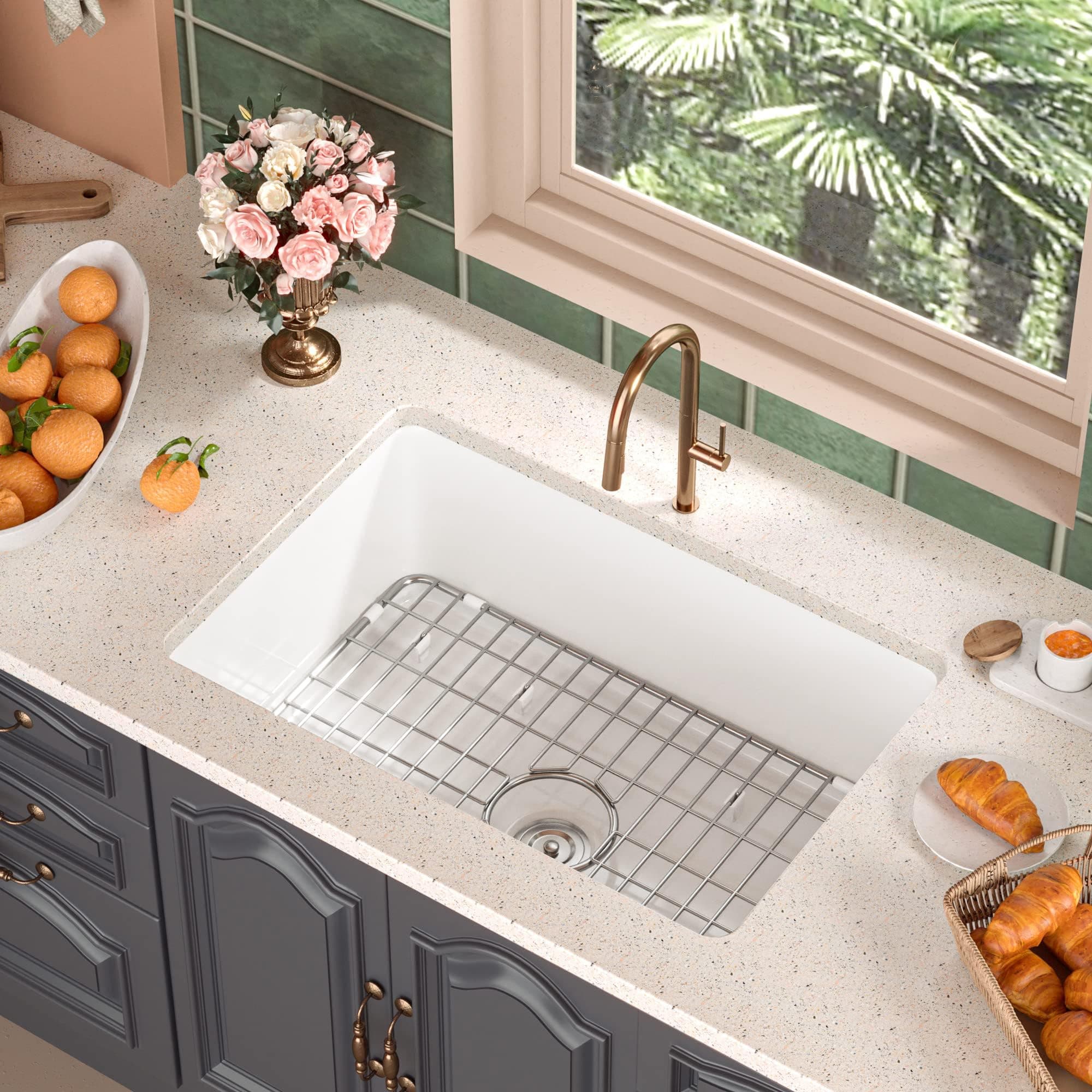 Undermount Kitchen Sink 27 inch, White Fireclay Farmhouse Sinks, Single Bowl Large & Deep Basin Drop-in Sink with Bottom Grid and Strainer