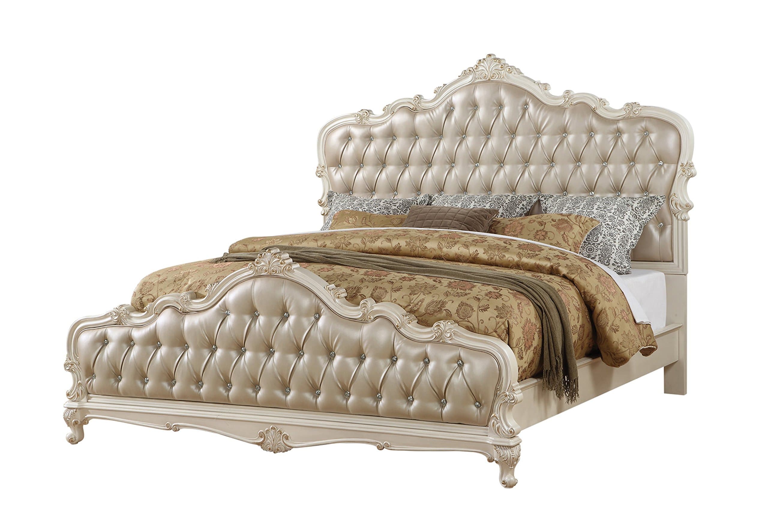 Acme Chantelle Eastern King Tufted Faux Leather Bed in Rose Gold and Pearl White