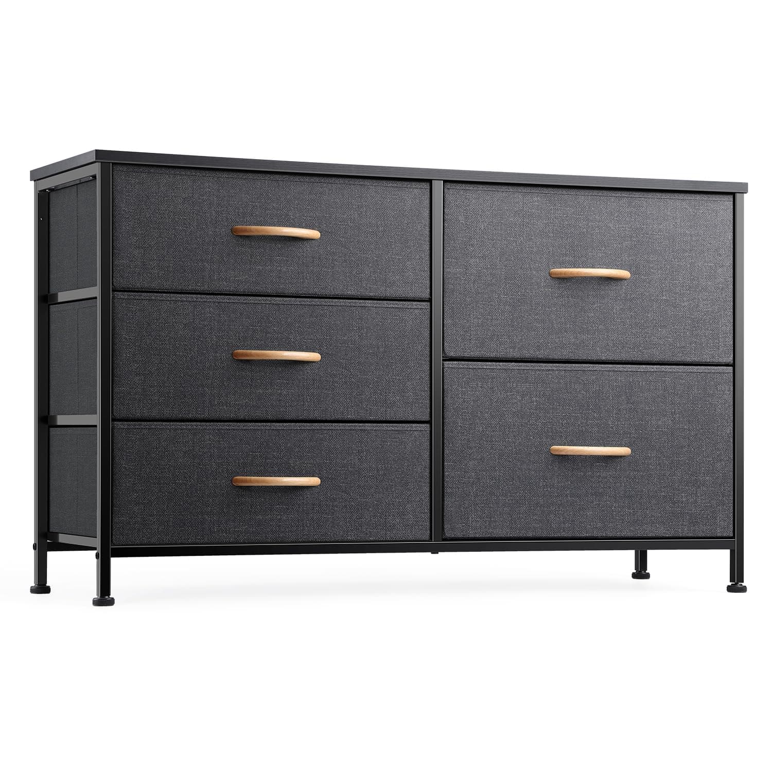 Nicehill Chest of Drawers with 5 Drawers, Storage Organizer, Wide Chest of Drawers for Closet, Clothes, Kids, Baby, TV Stand, Wood Board, Fabric Drawers(Black Grey)