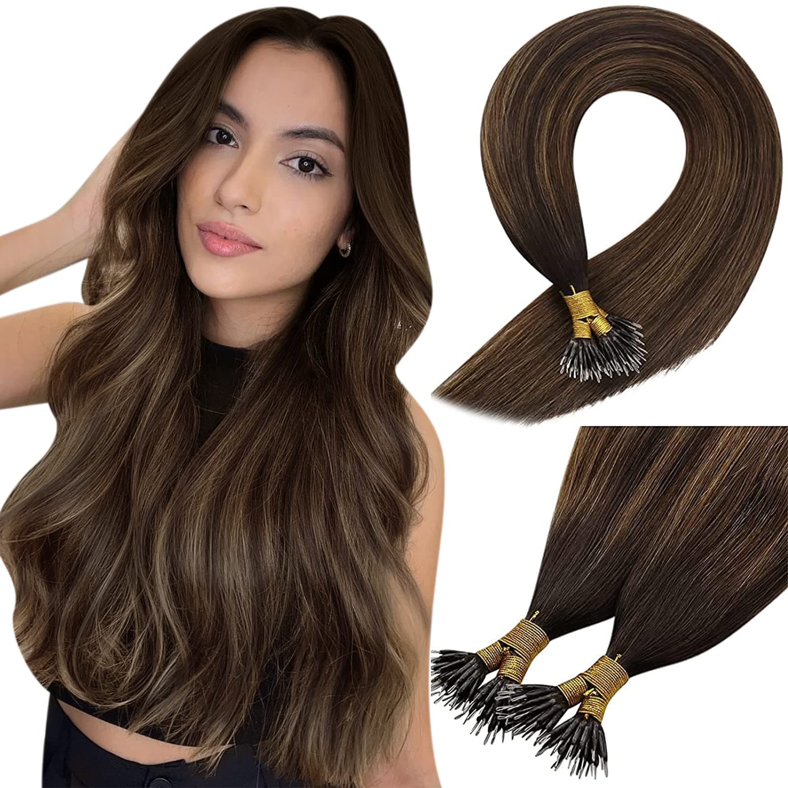 Sunny HairNano Bead Hair Extensions Real Human Hair Brown Nano Ring Hair Extensions Balayage Nano Tip Hair Extension Human Hair Darkest Brown Ombre Medium with Highlights 50G 16InchCarbonfree Certified