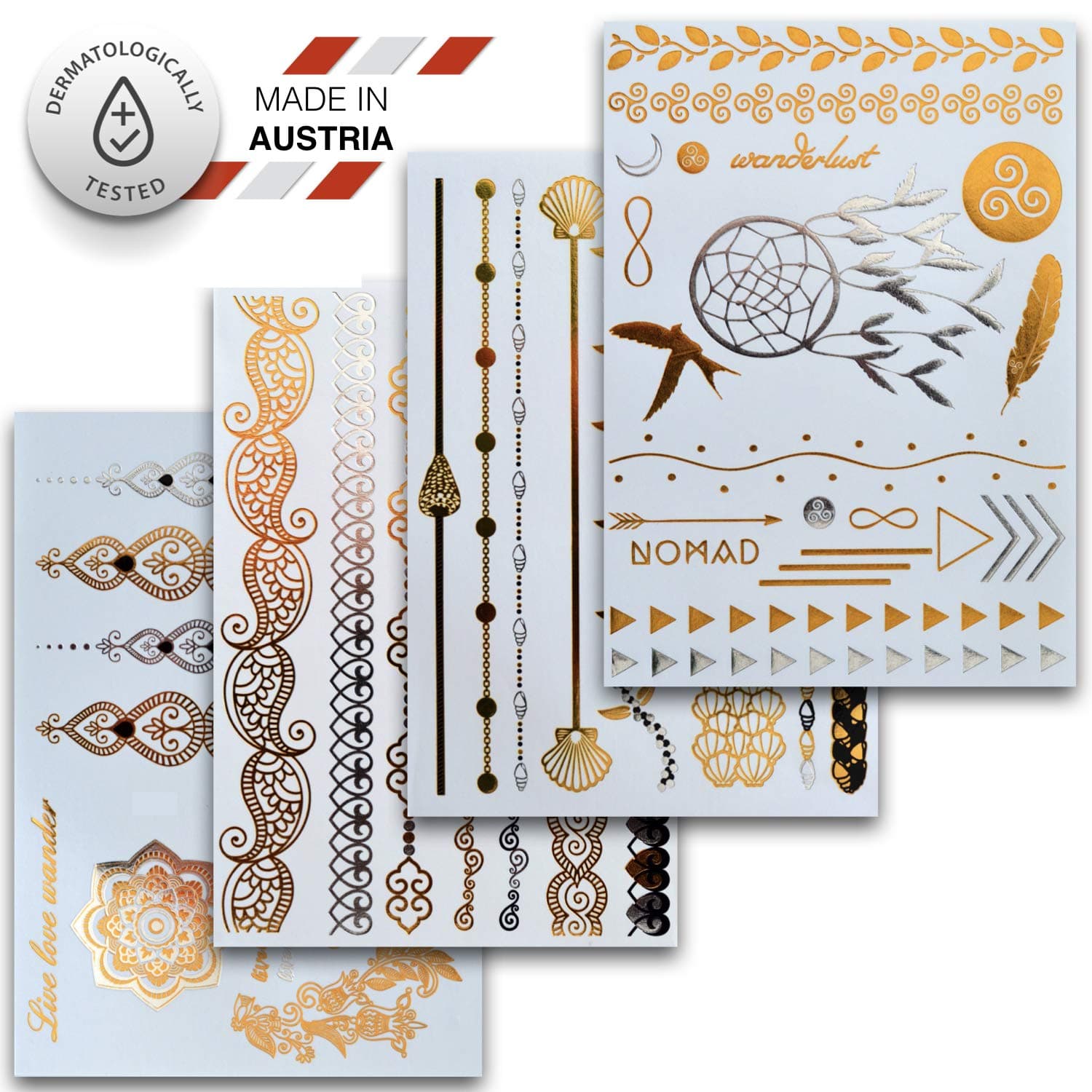 Temporary Tattoos In Various Designs | Removable Tattoo Stickers In Metallic Gold And Silver | Set Of 4 Sheets With 46 Beautiful Tattoos – by Ahimsa Glow®
