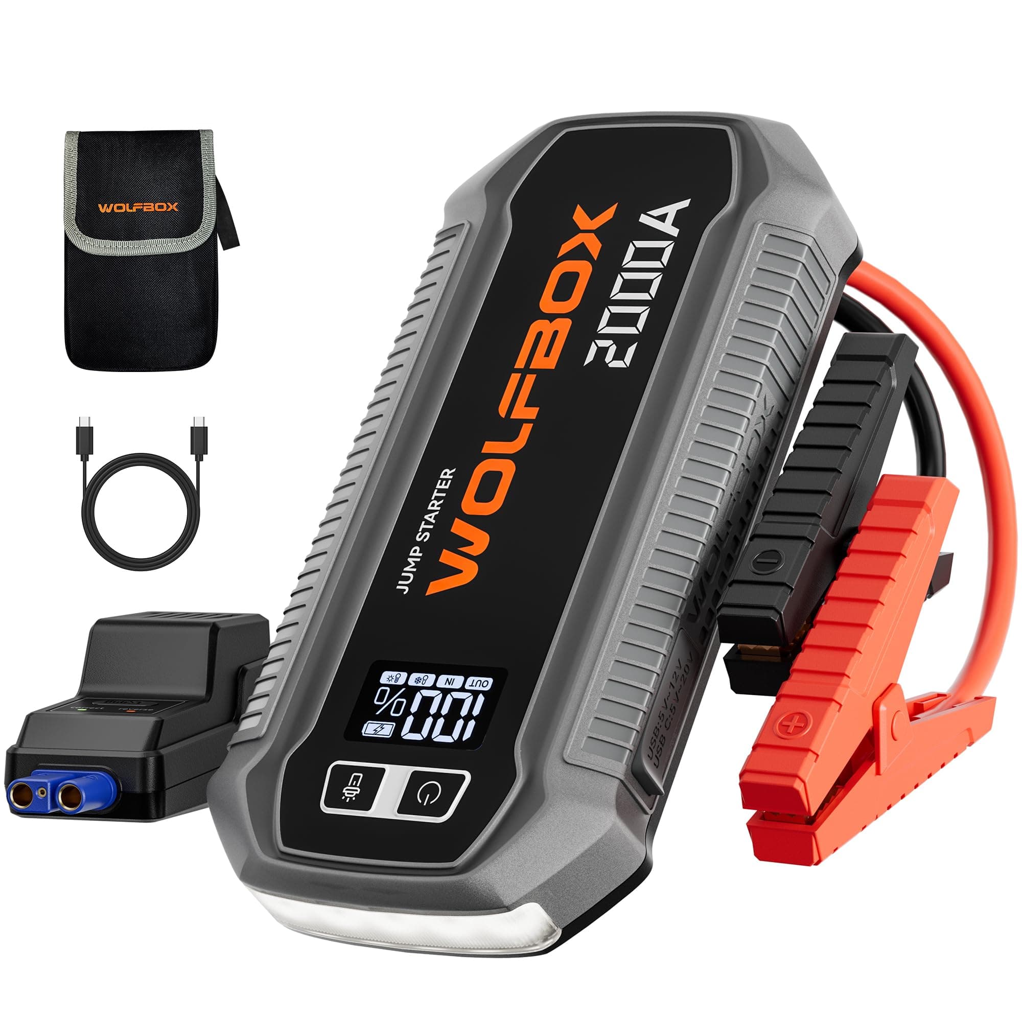 2000A Jump Starter Power Pack, 44.4Wh Car Starter Power Bank with 30W Quick Charge,LED Display,12V Car Battery Booster Jump Starter (7L Gas 6L Diesel Engine) with Booster,LED Light,Jump Leads