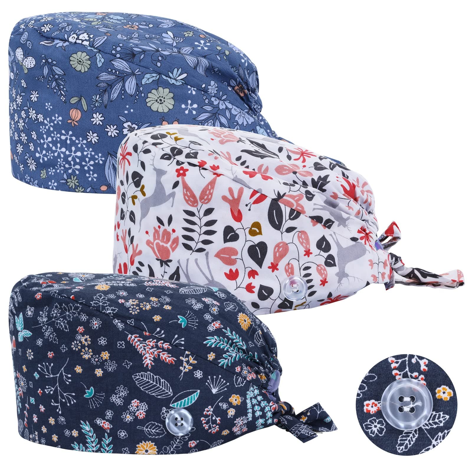 Yolev 3 Pack Scrub Cap Printed Bouffant Cap Working Cap Beanie Hat Adjustable Sweat Absorption Cap with Sweatband for Women