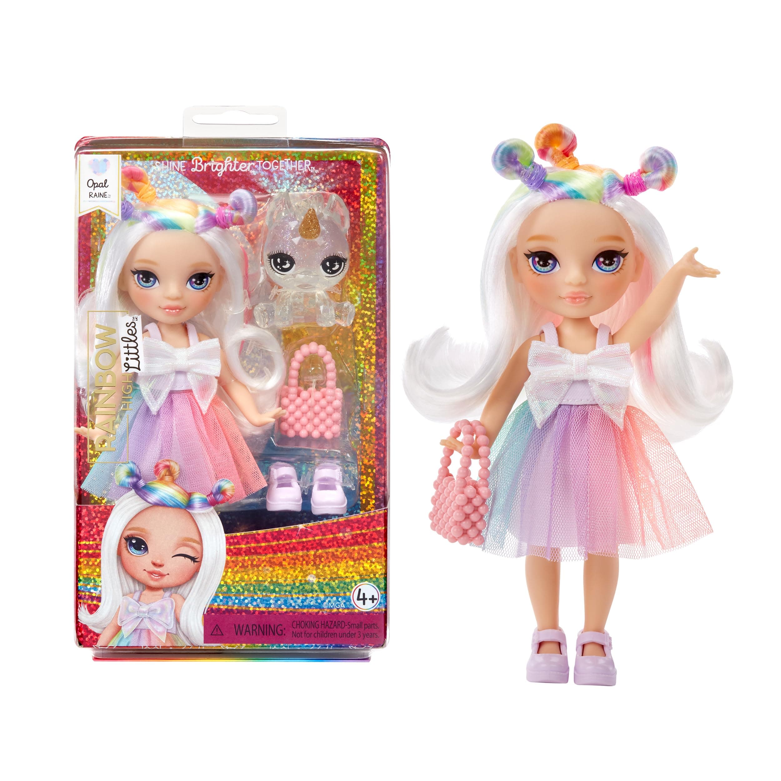 Littles - Opal Raine - Small, Posable Fashion Doll – Rainbow 14 cm Tall Doll with Purse and Magical Pet Unicorn - Suitable for Kids and Collectors
