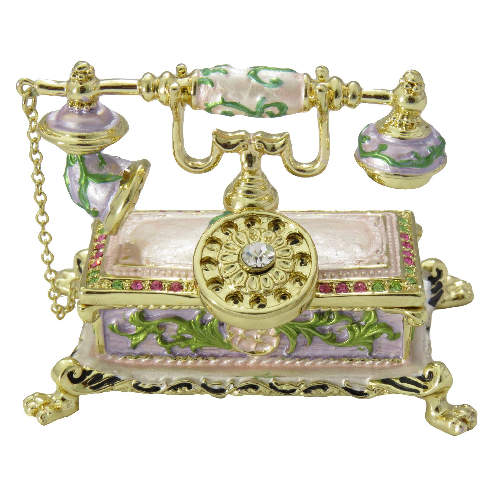 White Vintage Rotary Phone Figurine Trinket, Pill, Jewelry Box Enameled with Swarovski Elements Crystals