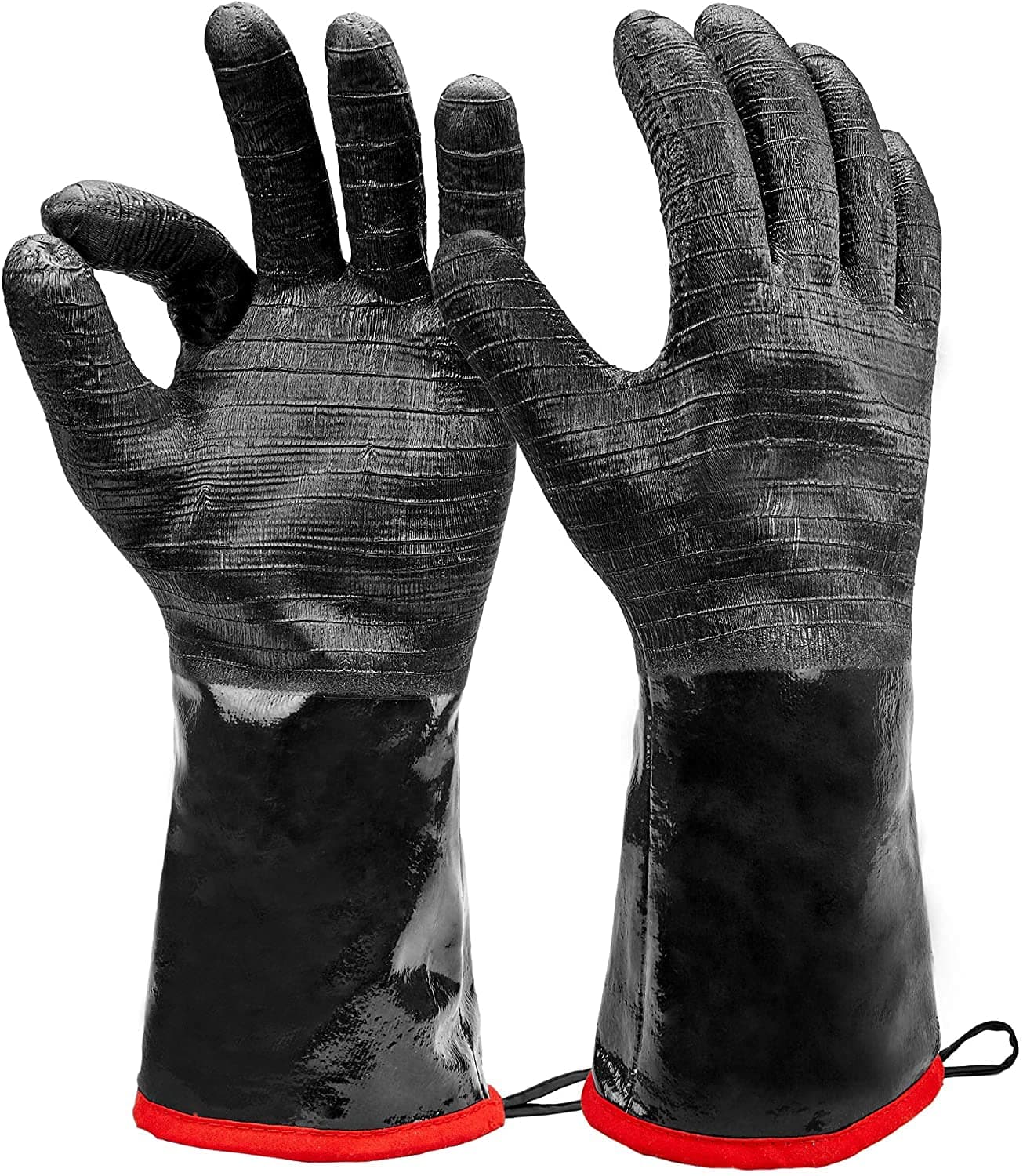 Heat Resistant BBQ Gloves, Long Sleeve Grill Gloves, Textured Gripto Handle Wet, Geasy or Oily Foods Fire and Food Safe Turkey Fryer Grill Oven Mitts for Smoker, Grilling and Barbecue Small 14"