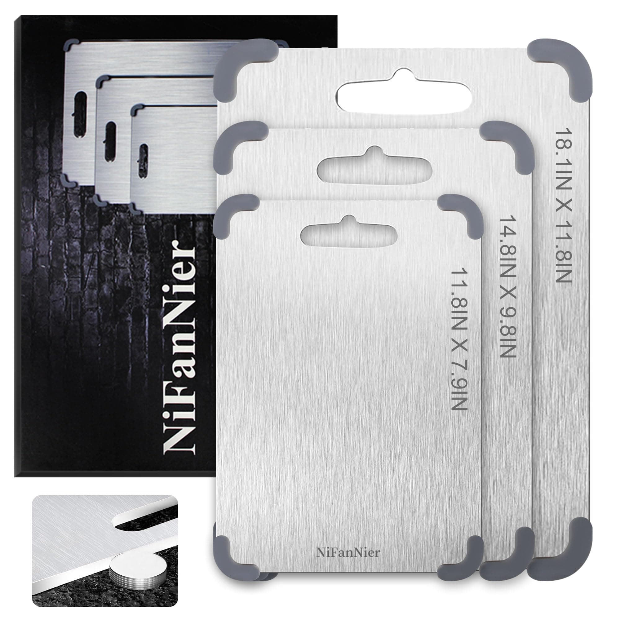 NiFanNier Titanium Cutting Board, 100% Pure Titanium Cutting Board-304 Stainless Steel Cutting Board, Latest Thickened Version Thickness 0.06IN, Double-Sided Available Belt Guard Angle(11.8IN X 7.9IN)