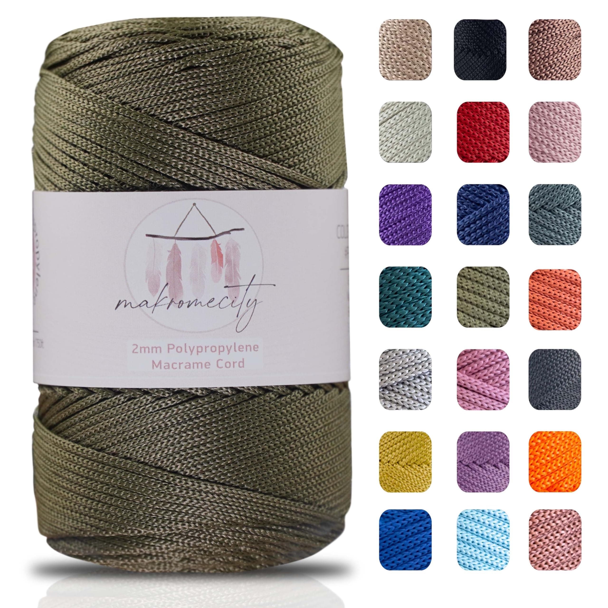 Makromecity Polyester Macrame Cord 2mm x 250 Yards (750 Feet) 2mm Polypropylene Olive Drab Macrame Cord Crochet Macrame Bag Cord for Craft Wall Hanging Bag Underplate Rug