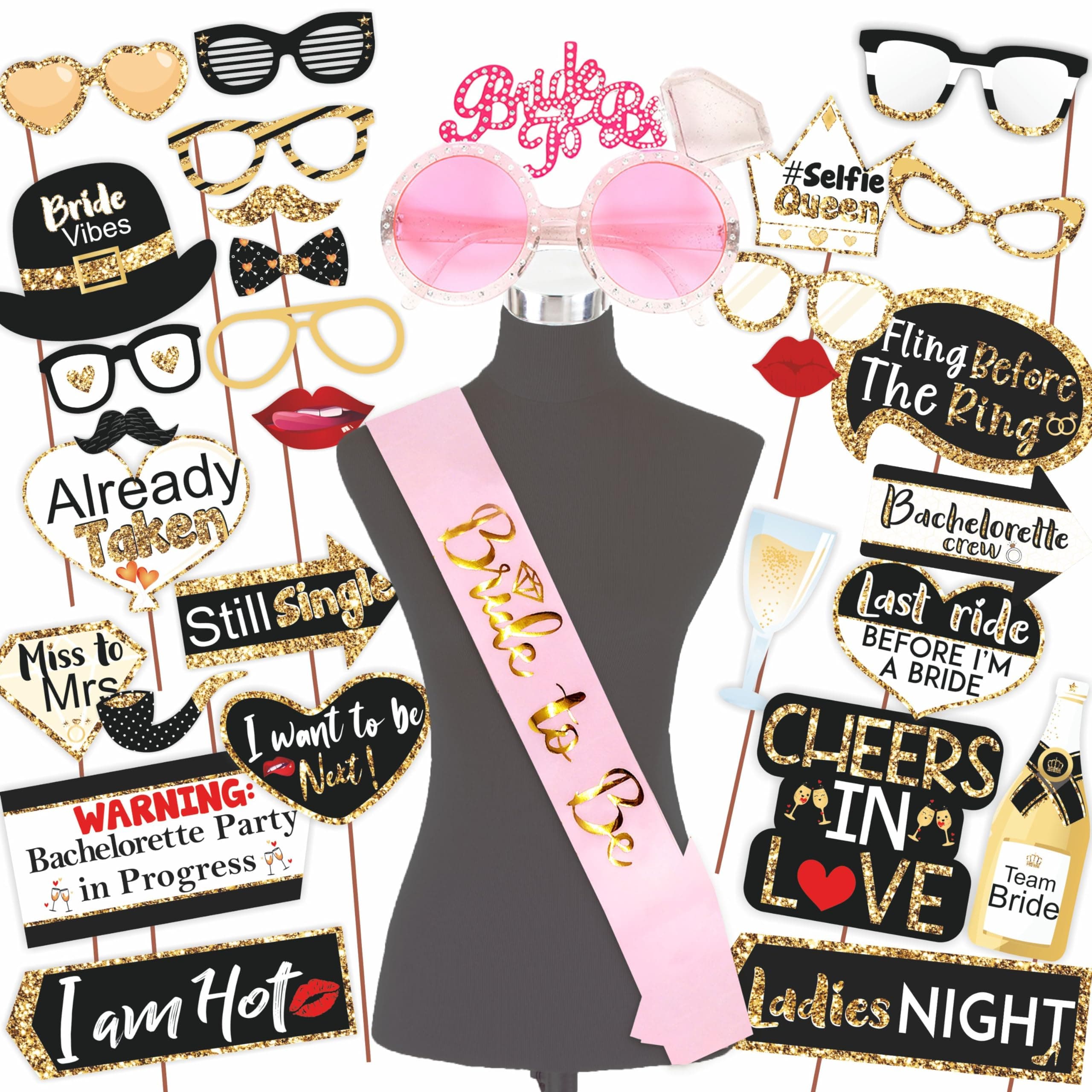 Wobbox Bachelorette Party Decoration Items| Bachelorette Party Photo Booth Props For Wedding Selfie, Bachelorette Satin Sash With Bride To Be Glasses, Bachelorette Party Decoration Kit-31 Pcs (FP3929)