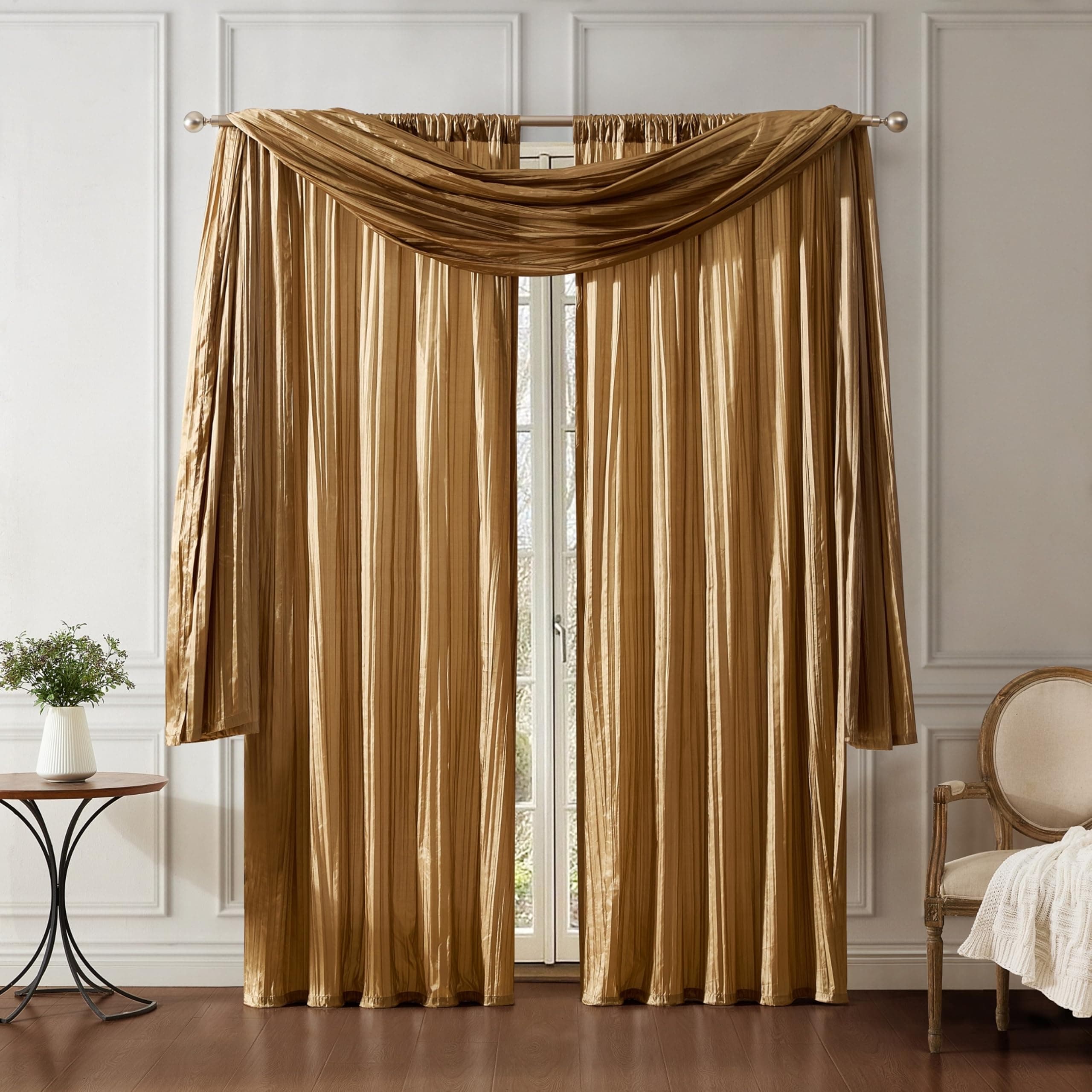 Home Fashions Athena Faux Crushed-Silk Window Curtain Panel and Valance Set, 52"x95" (2 Panels) & 1 Valance, Gold