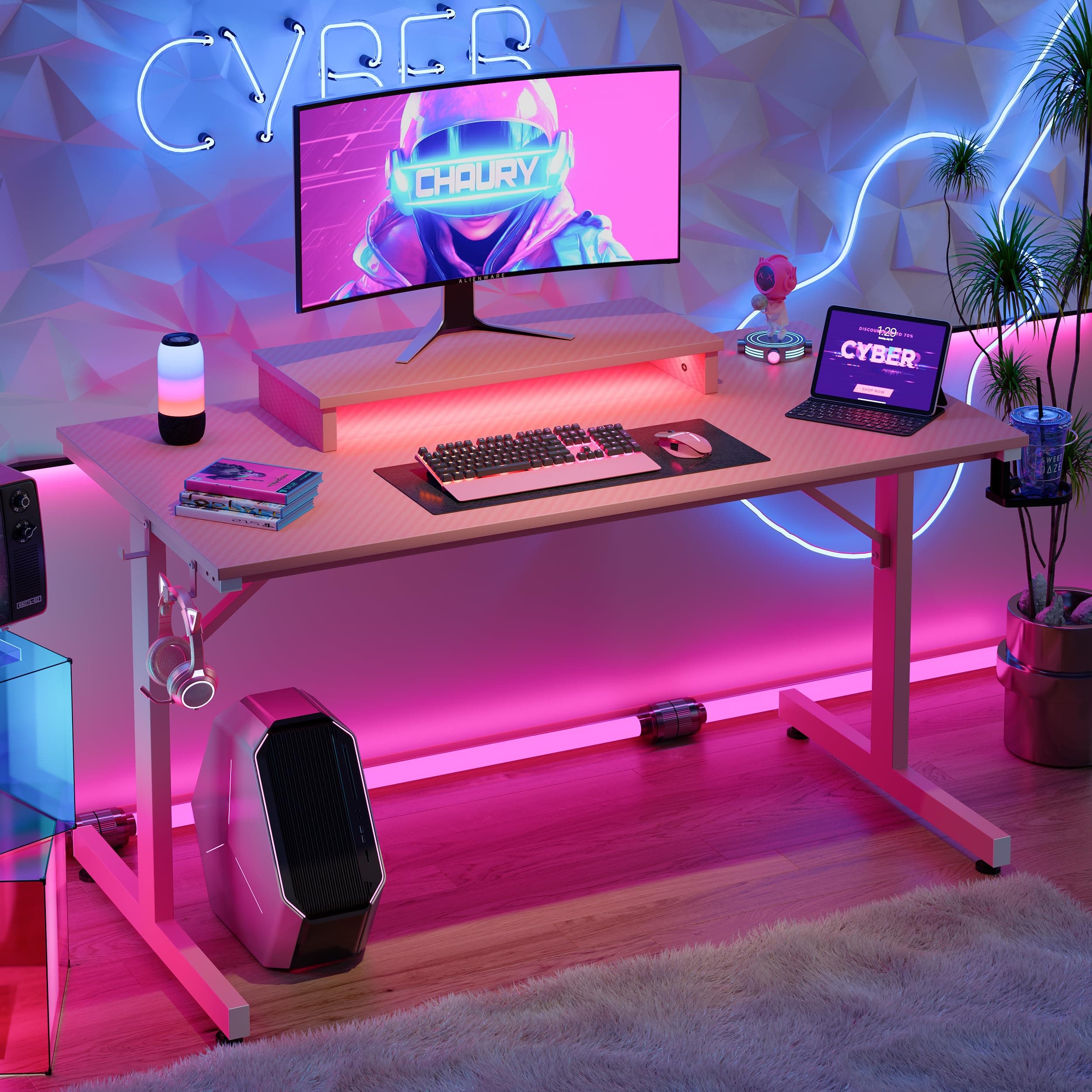 Bestier Small Gaming Desk with Monitor Stand, 42 inch LED Computer Desk, Gamer Workstation with Cup Holder & Headset Hooks, Modern Simple Style Desk for Home Office, Carbon Fiber Pink