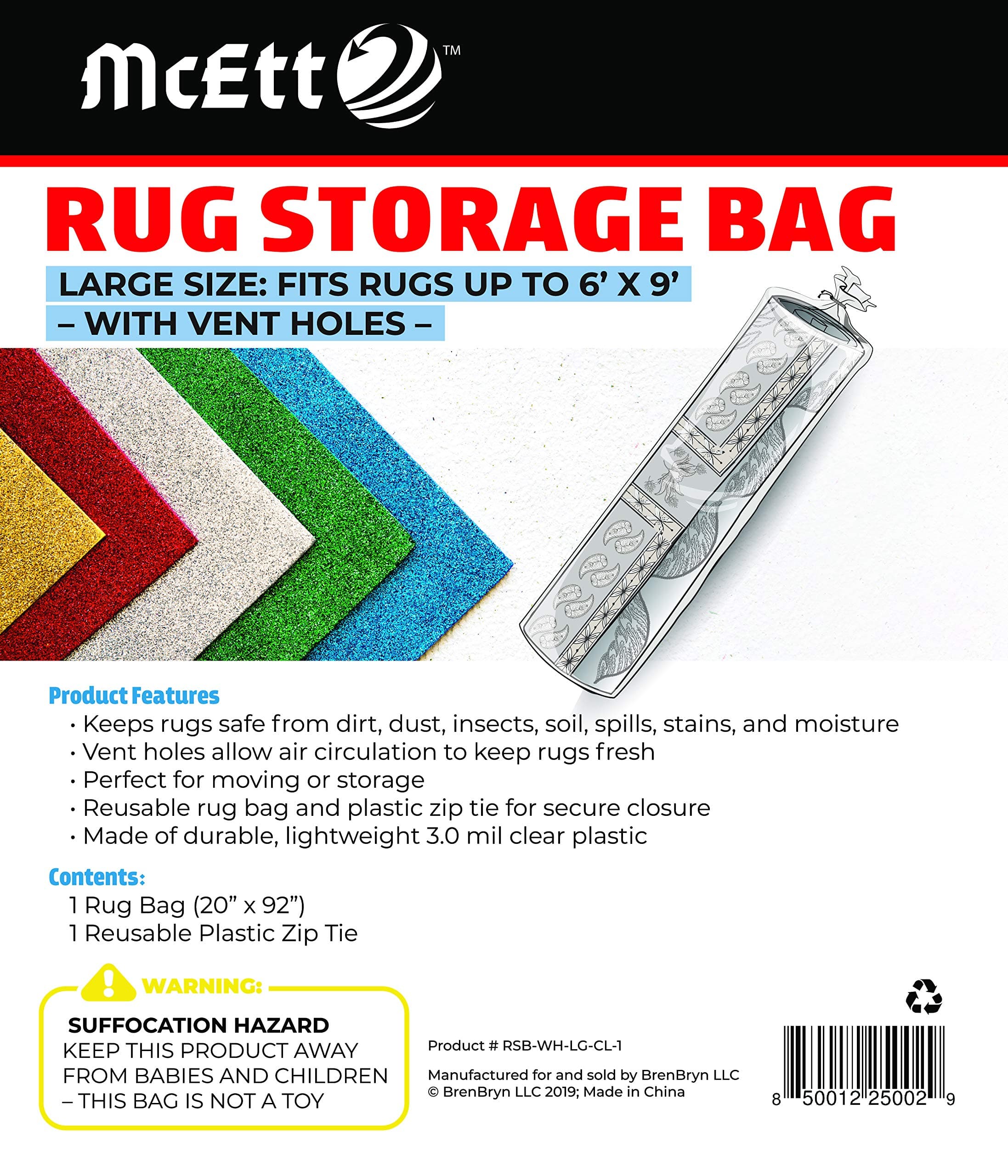 Rug Storage Bag and Zip Tie - WITH Vent Holes - Heavy Duty - Large Size Fits Rugs up to 6'x9' - Protects Rolled Rugs for Moving or Storage