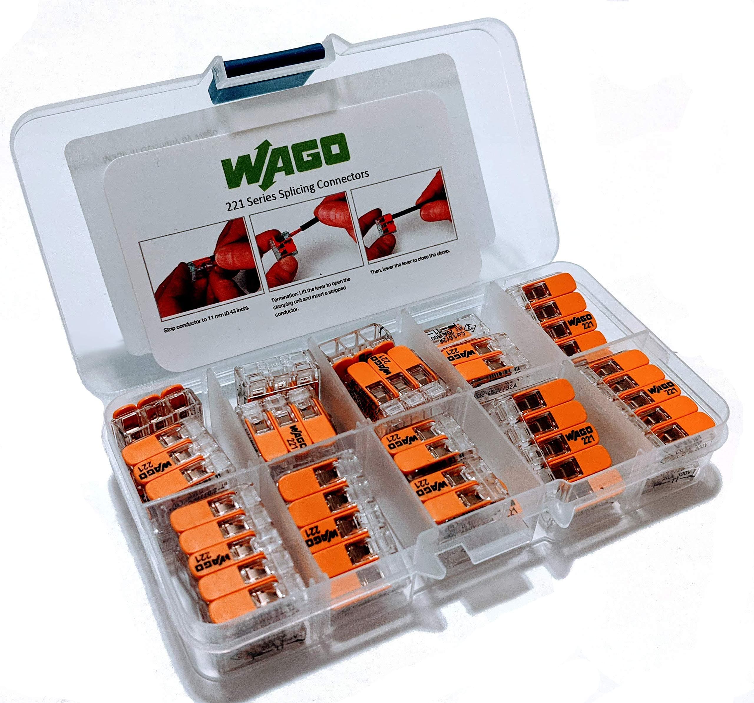 WAGO 221 Series Wiring Connectors with Case 25pc Compact Wago Wire Connectors. Comes with (10) 221-412, (10) 221-413, (5) 221-415 Wago Wire Connectors Assortment Pack Element 115