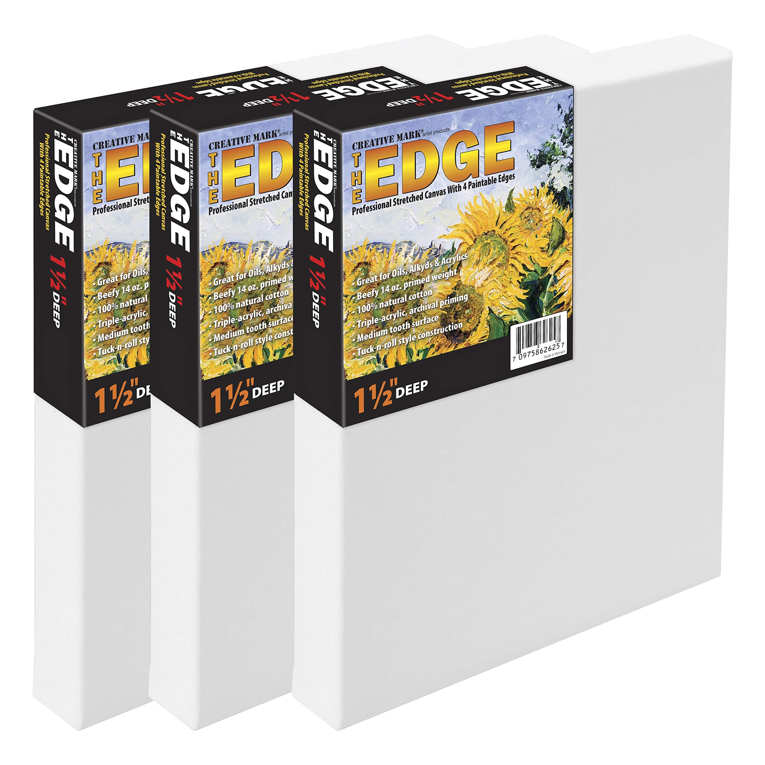 Creative Mark The Edge All Media Cotton Deluxe Stretched Canvas - 8x10" - 3 Pack of 1-1/2'' Deep Triple Acrylic Primed Canvas for Painting