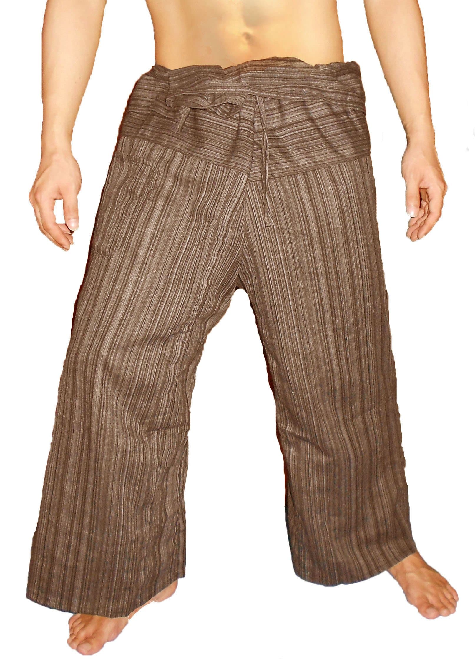 100% Heavy Cotton Thai Fisherman Pants Yoga Pregnancy Pants Striped - Brown