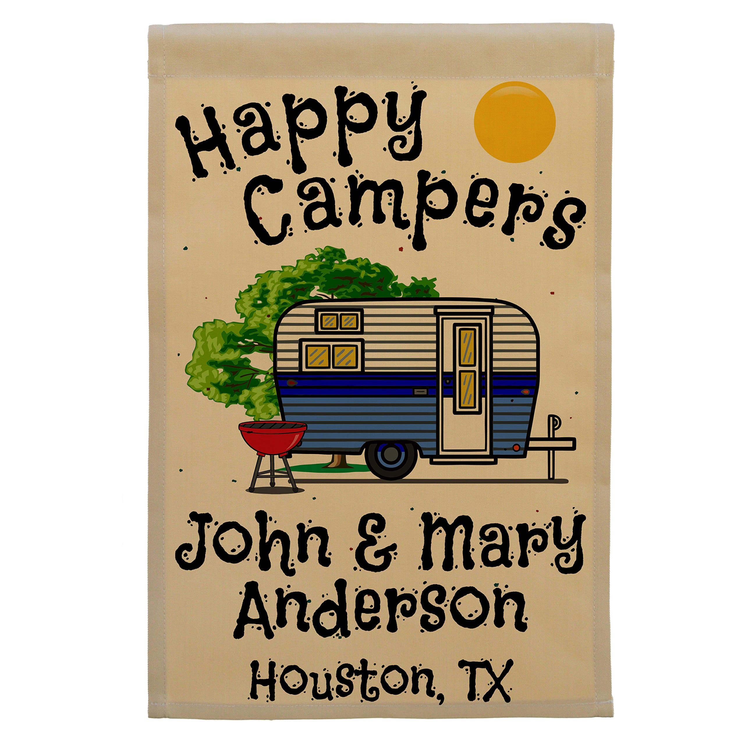 Happy Camper World Personalized Camping Garden Sized Flag, Happy Campers and Vintage Travel Trailer Graphic, with 3 Additional Lines of Custom Text, Printed on Tan Fabric, Blue Camper