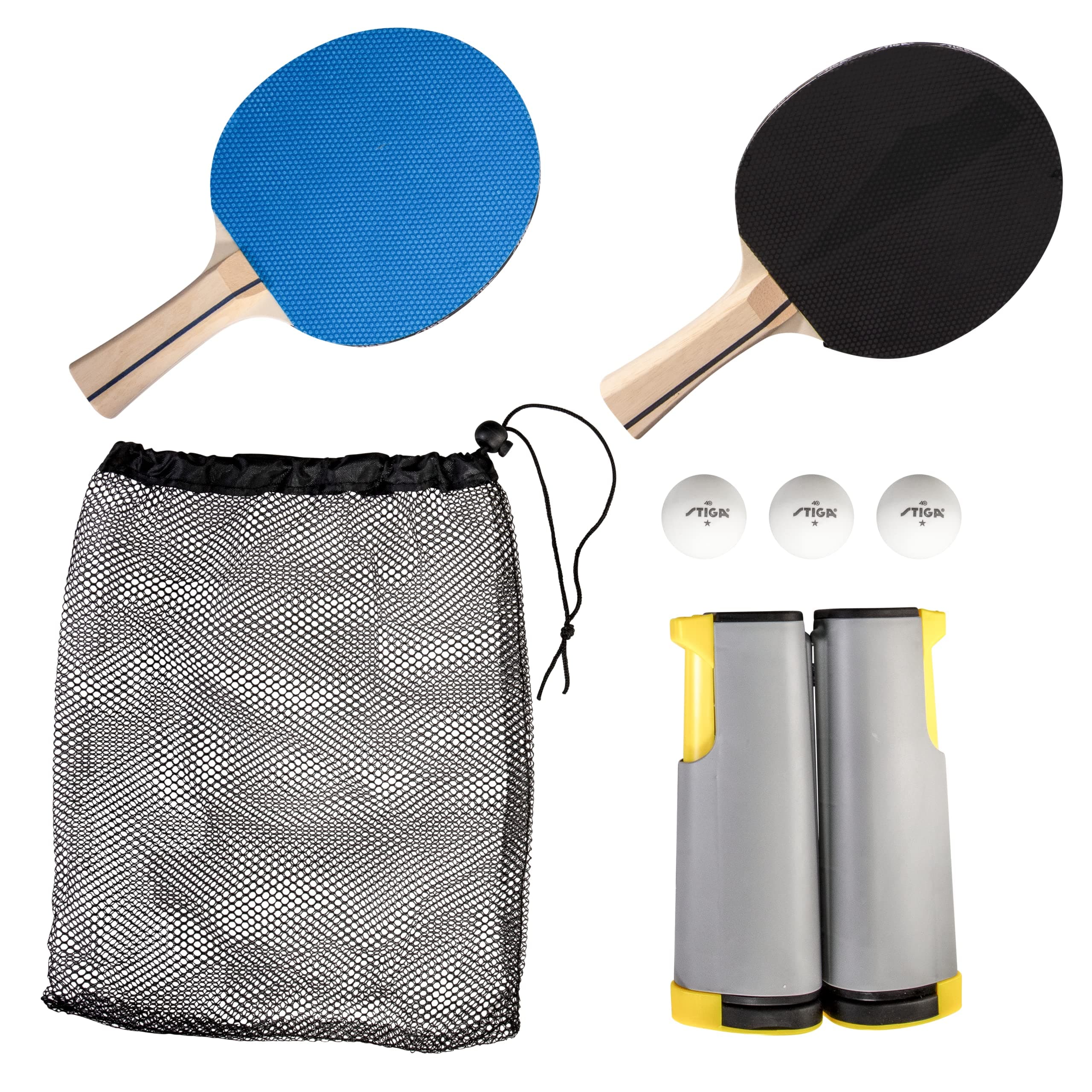 STIGA All-in-One Retractable Ping Pong Net Set - Includes 2 Ping Pong Paddles - 3 1-Star Balls | Mesh Storage Bag - Fits up to 72” Wide & 1.75” Thick Table - Clamp & Play on Any Surface